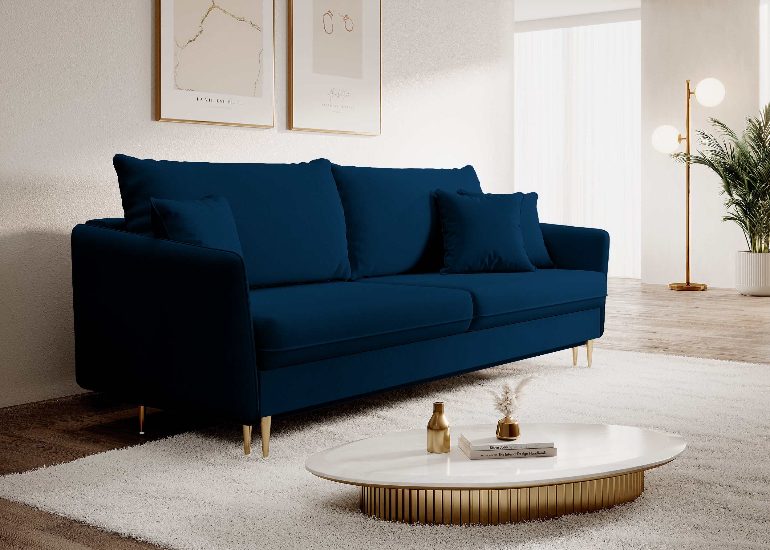 selsey-volio-3-sitzer-schlafsofa-samtvelours-marineblau-wasserabweisend-goldbein image 2