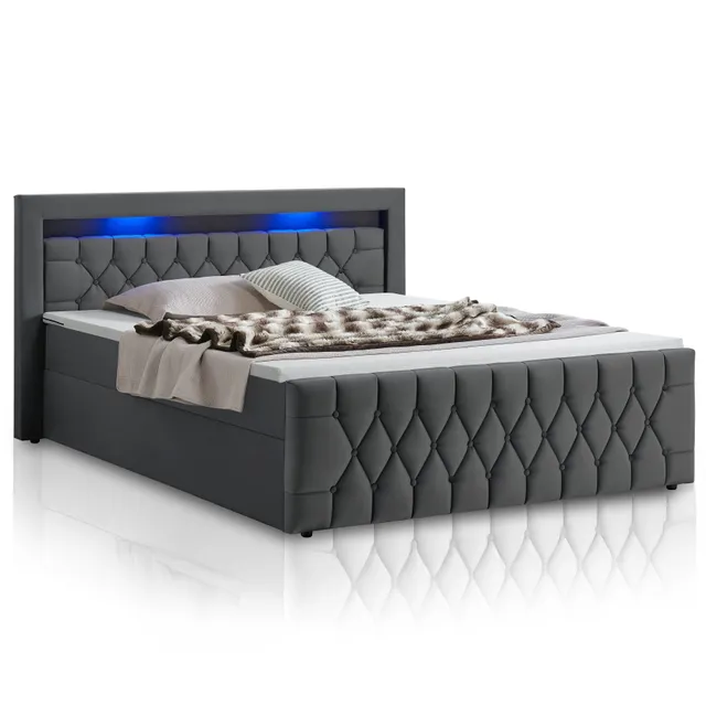 juskys-boxspringbett-leona-samt-grau-mit-led-kopfteil-und-topper image 1