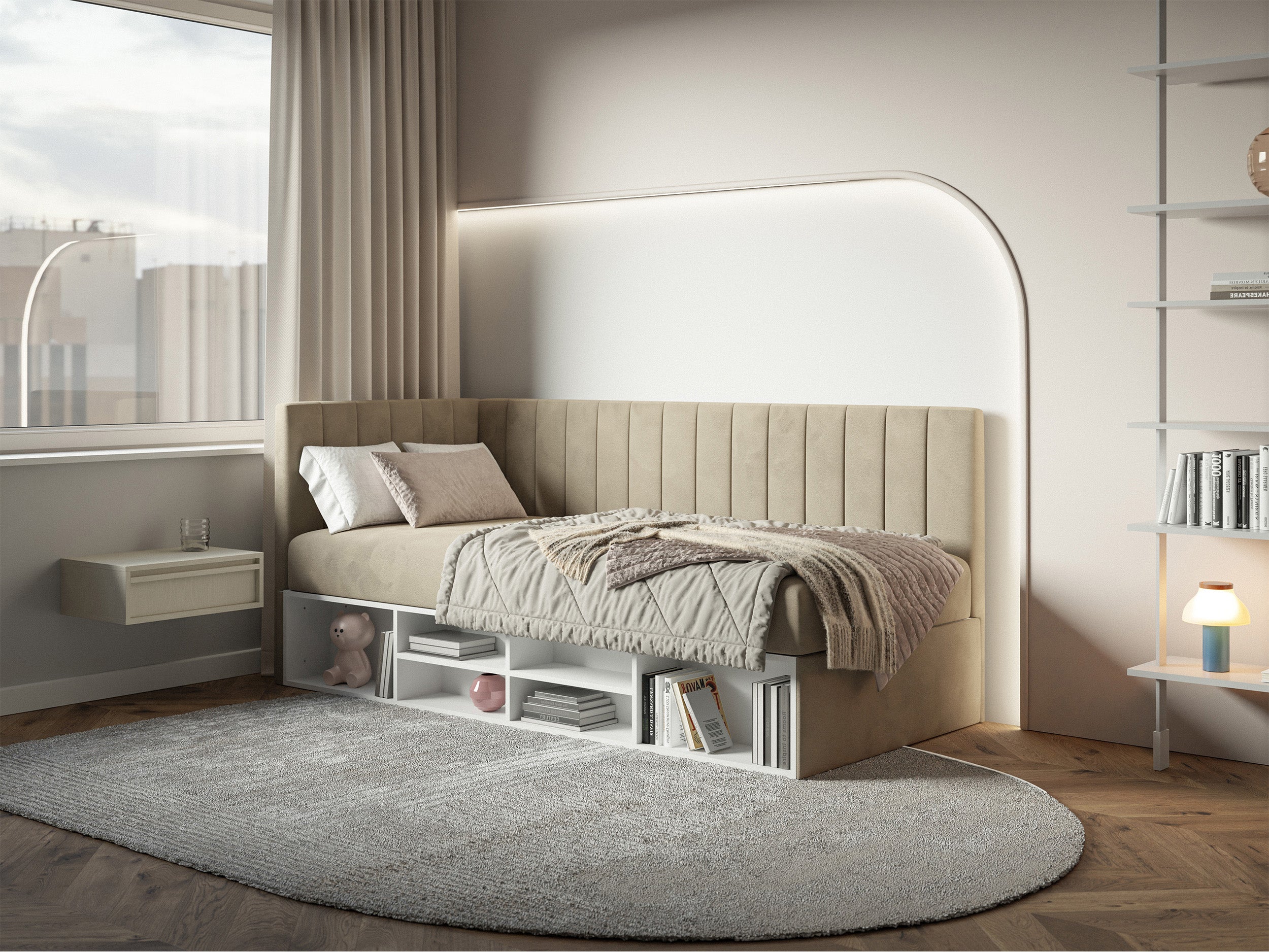 selsey-ventrio-jugendbett-90x200-cm-links-mit-stauraum-und-regalen-grau-beiges-v image 2