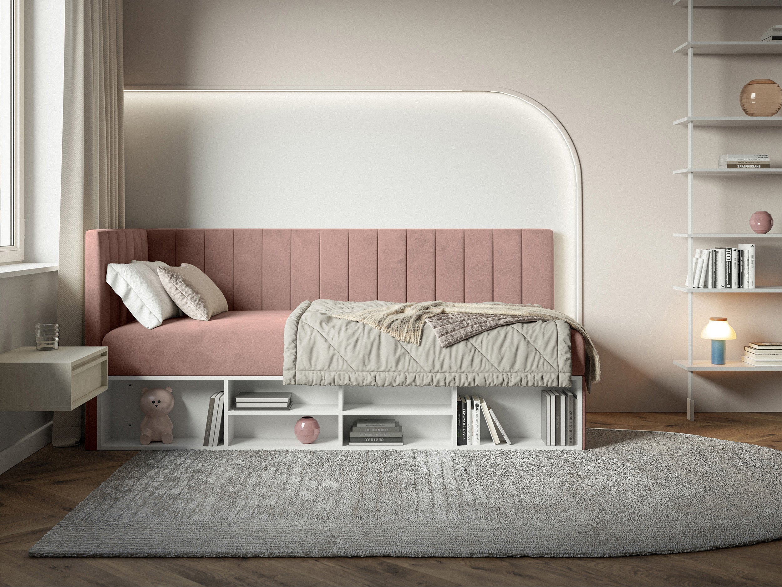 selsey-ventrio-jugendbett-90x200-cm-links-hellrosa-velours-mit-stauraum image 2