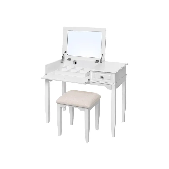 vasagle-schminktisch-sekret-r-wei-mit-spiegel-hocker-und-schublade image 1