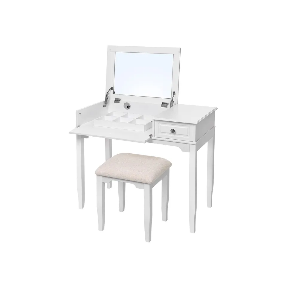 vasagle-schminktisch-sekret-r-wei-mit-spiegel-hocker-und-schublade image 1