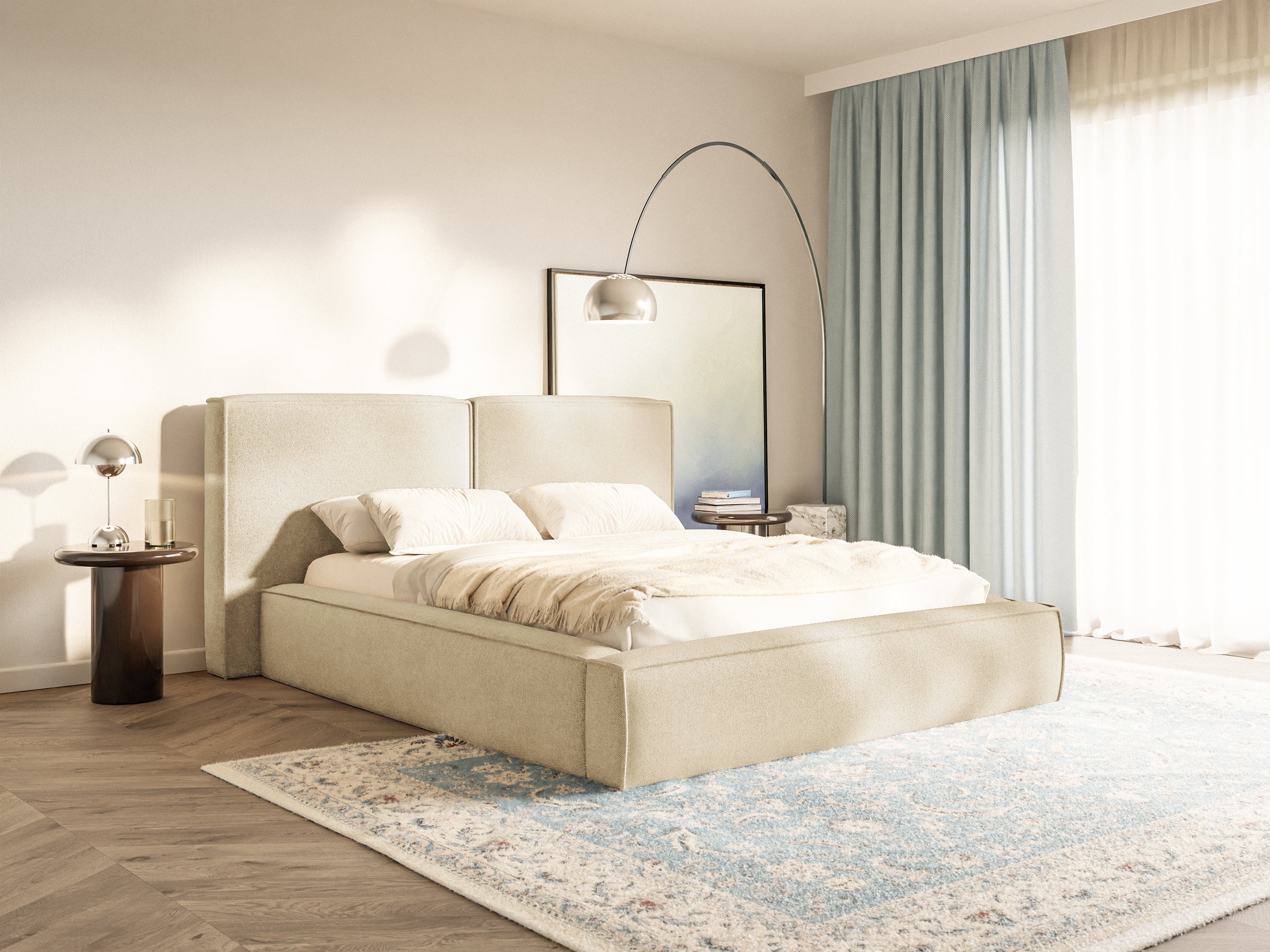 selsey-polsterbett-tilves-160x200-cm-mit-stauraum-hellbeiger-chenille-metallrahm image 2