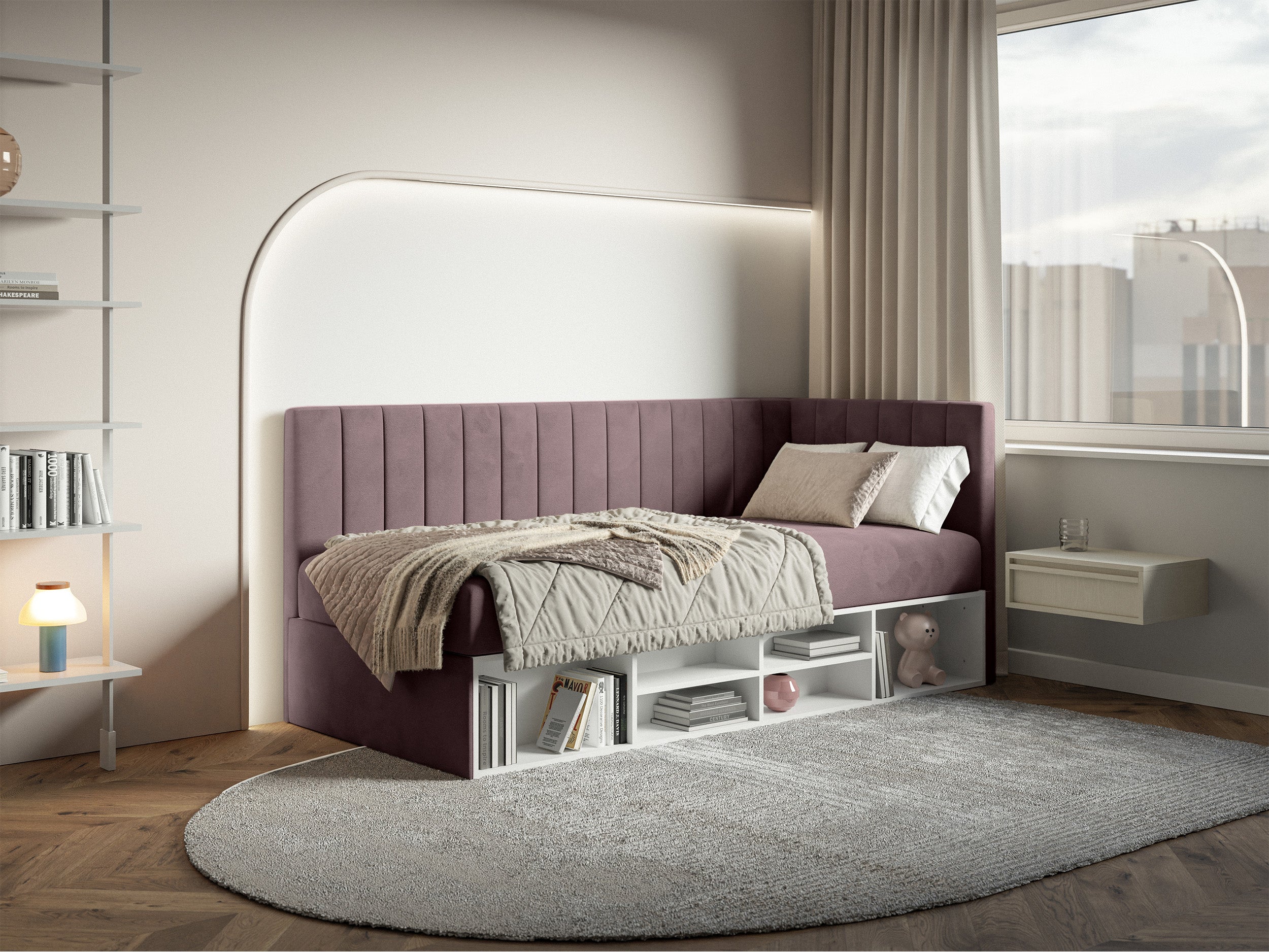 selsey-ventrio-jugendbett-90x200-cm-rechtsseitig-mit-stauraum-und-regalen-violet image 2