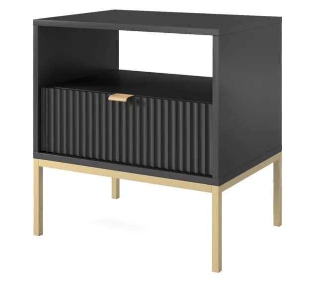 selsey-vellore-nachttisch-54-cm-schwarz-mit-geriffelter-front-und-goldenem-geste image 1