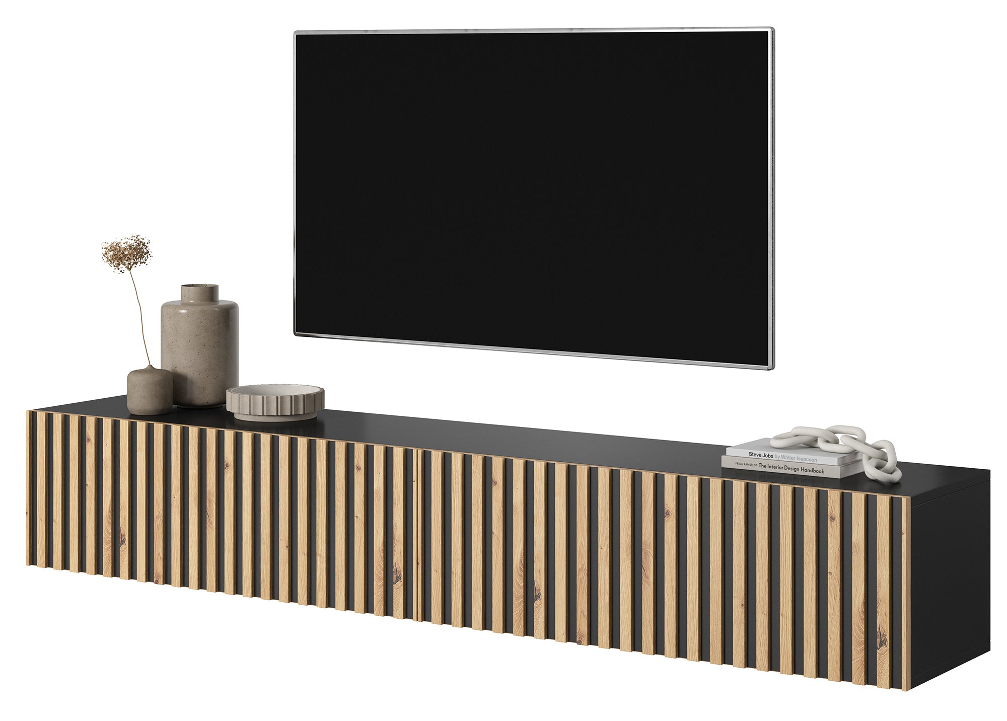 selsey-telire-tv-schrank-175-cm-schwarz-mit-lamellenfront-artisan-eiche image 1