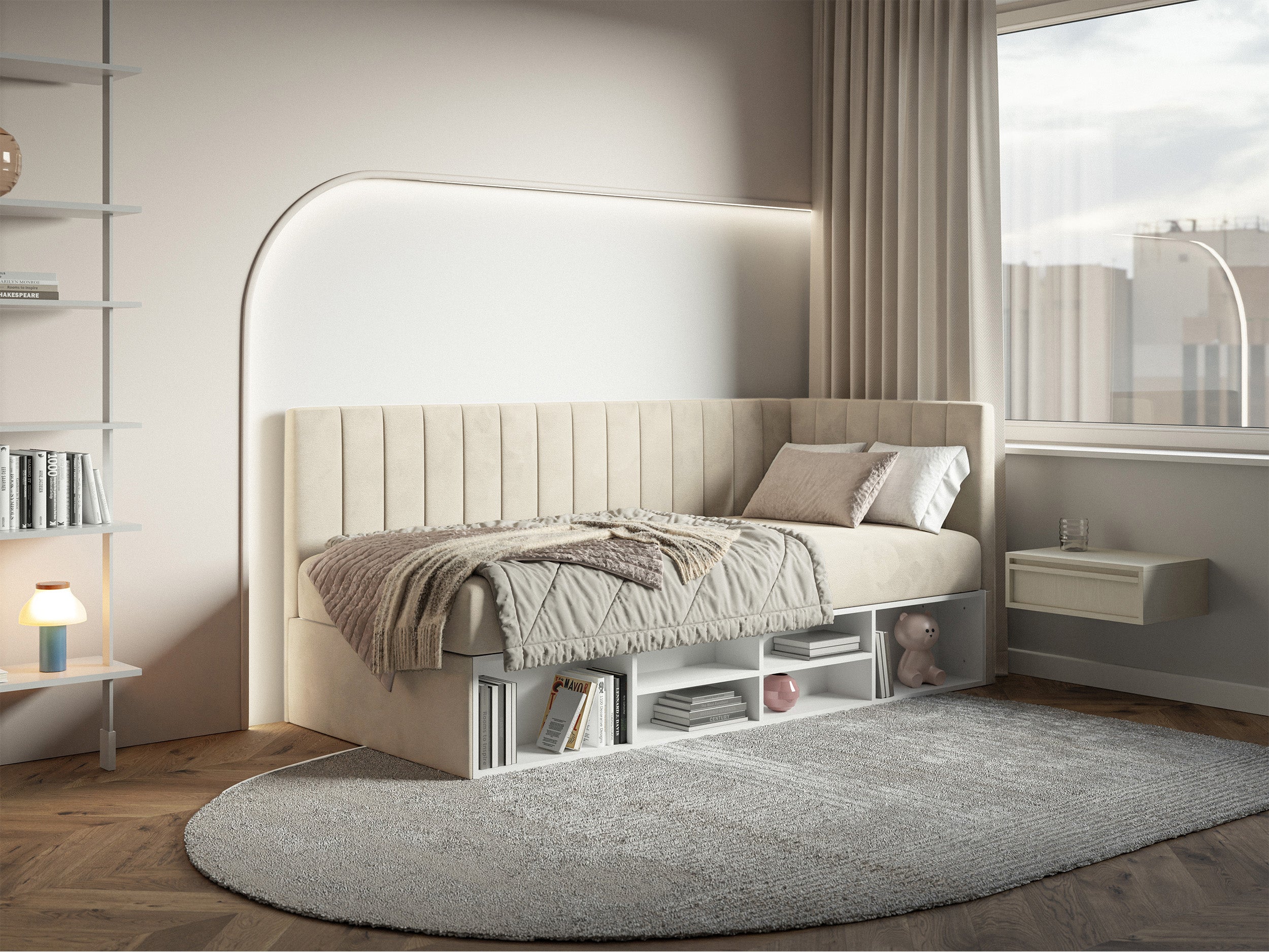 selsey-ventrio-jugendbett-90x200-cm-rechts-mit-stauraum-hellbeiger-velours image 2