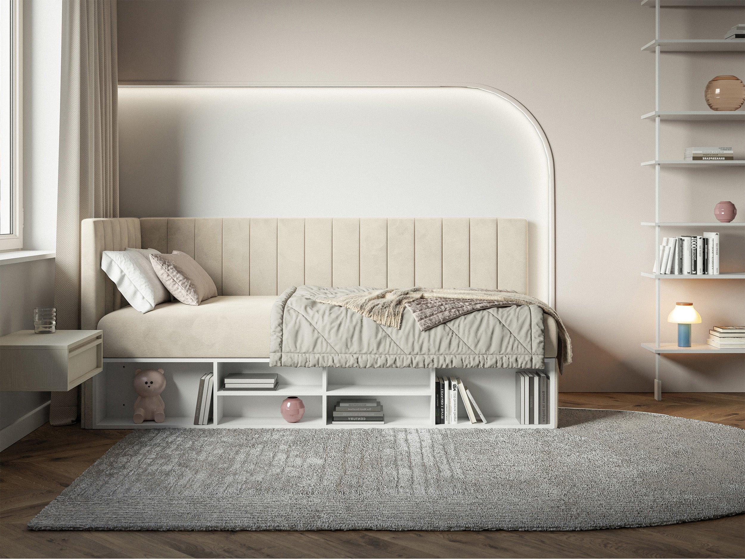 selsey-ventrio-jugendbett-90x200-cm-linksseitig-mit-stauraum-hellbeiger-velours image 2