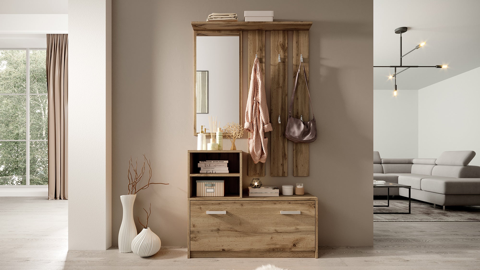 selsey-yesfir-flur-set-mit-spiegel-haken-und-schuhschrank-wotan-eiche image 3