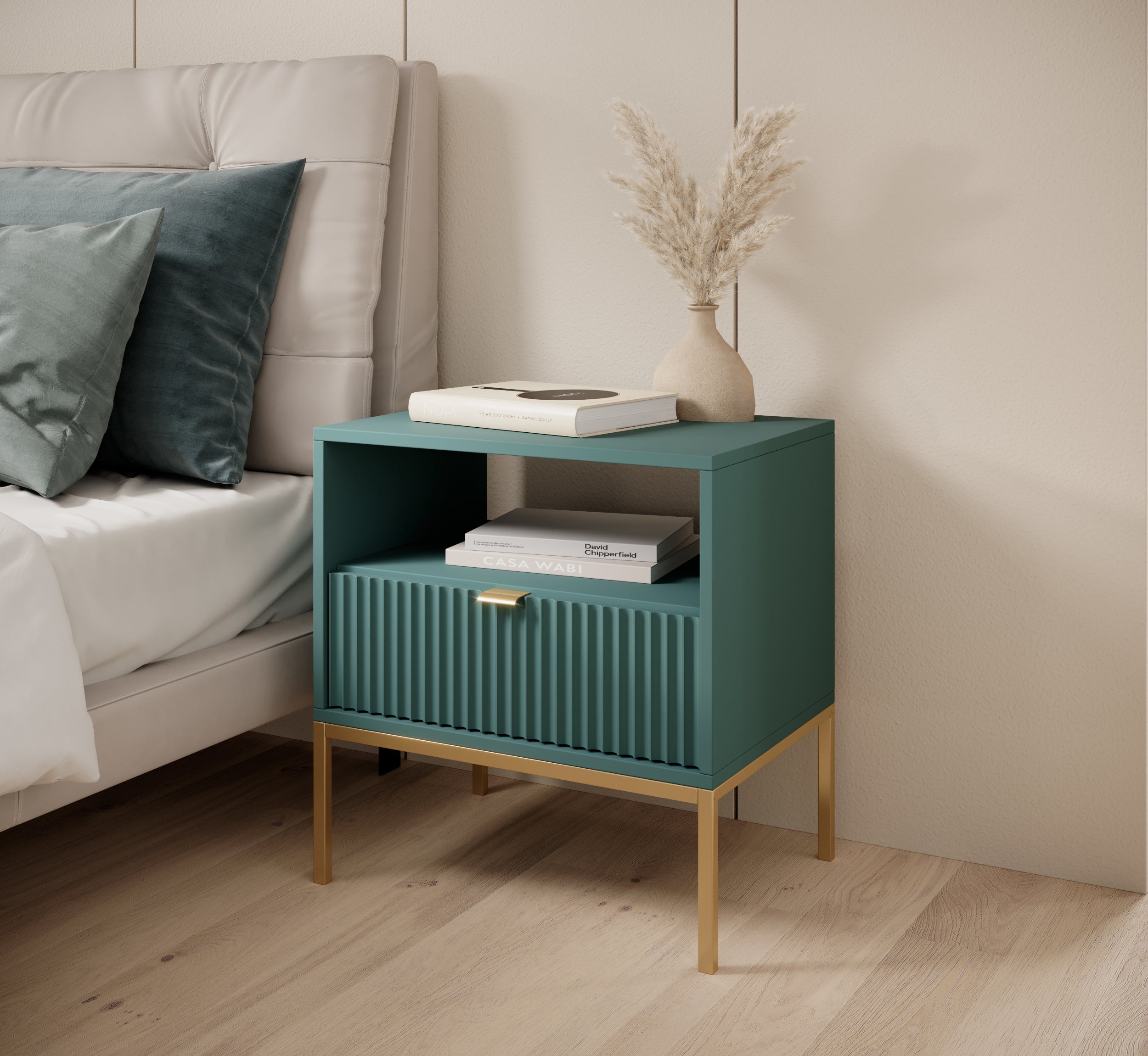 selsey-vellore-nachttisch-54-cm-gr-n-mit-rillenfront-und-gold image 2