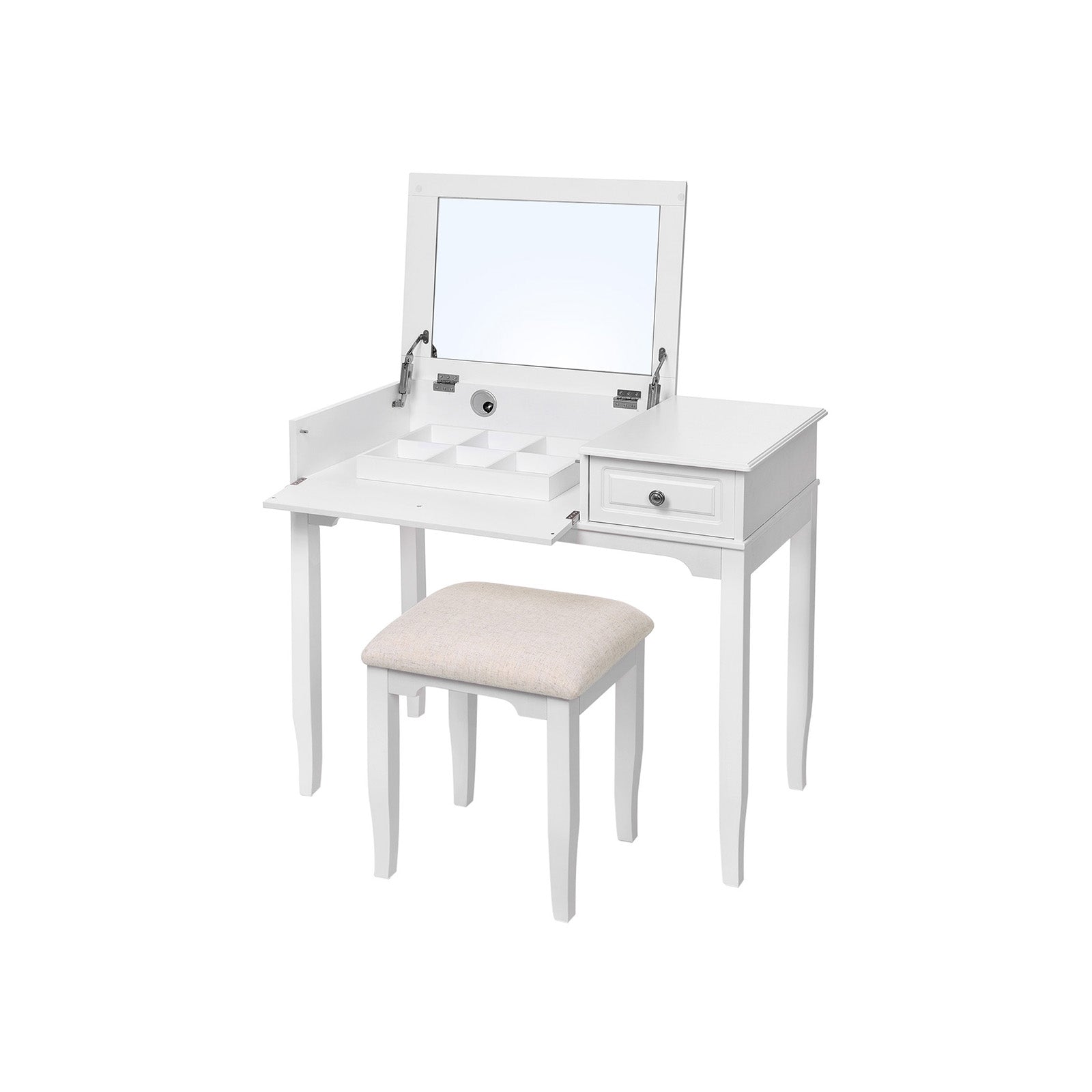 vasagle-schminktisch-sekret-r-wei-mit-spiegel-hocker-und-schublade image 1