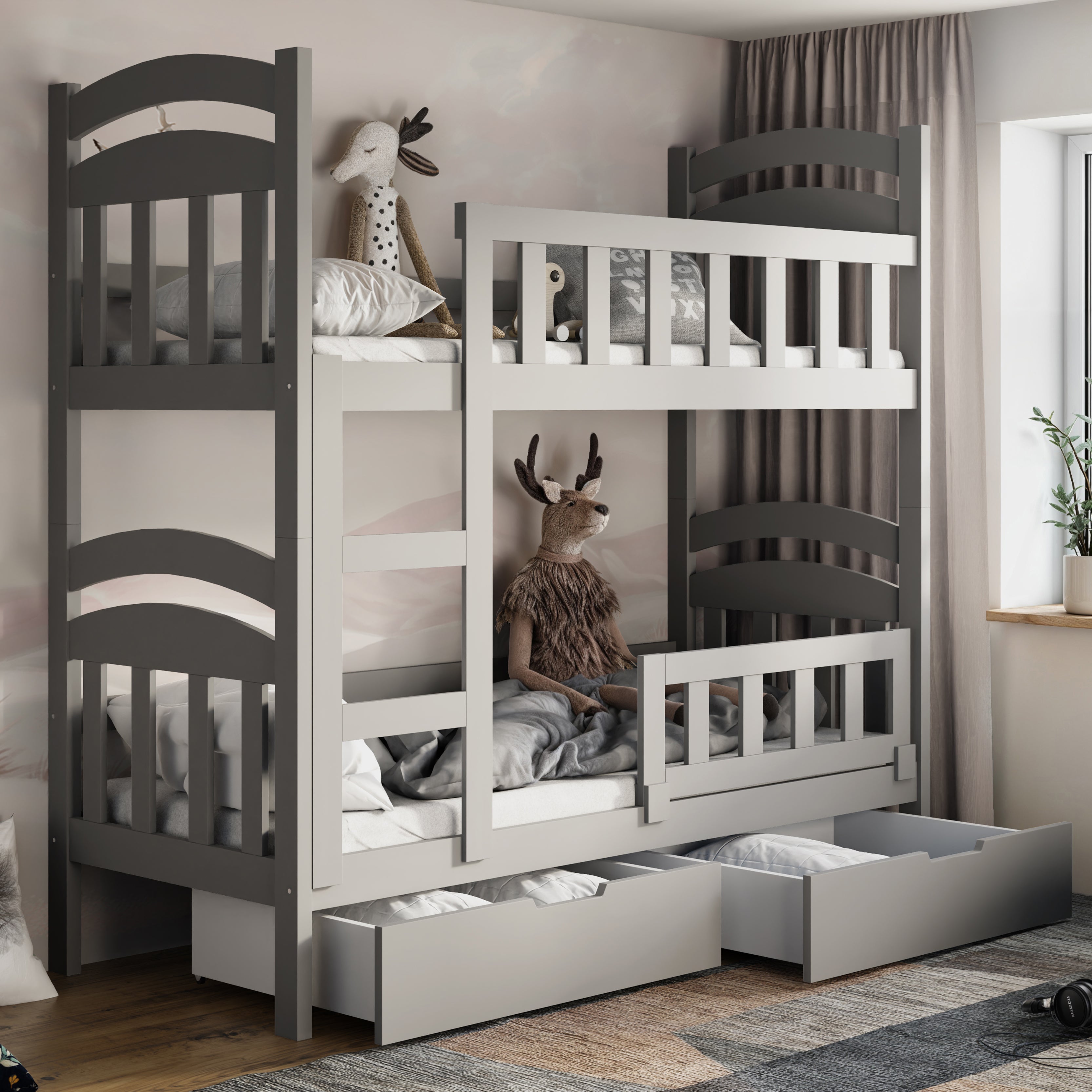 selsey-dopio-etagenbett-90x200-cm-mit-matratzen-und-schubladen-grau image 2