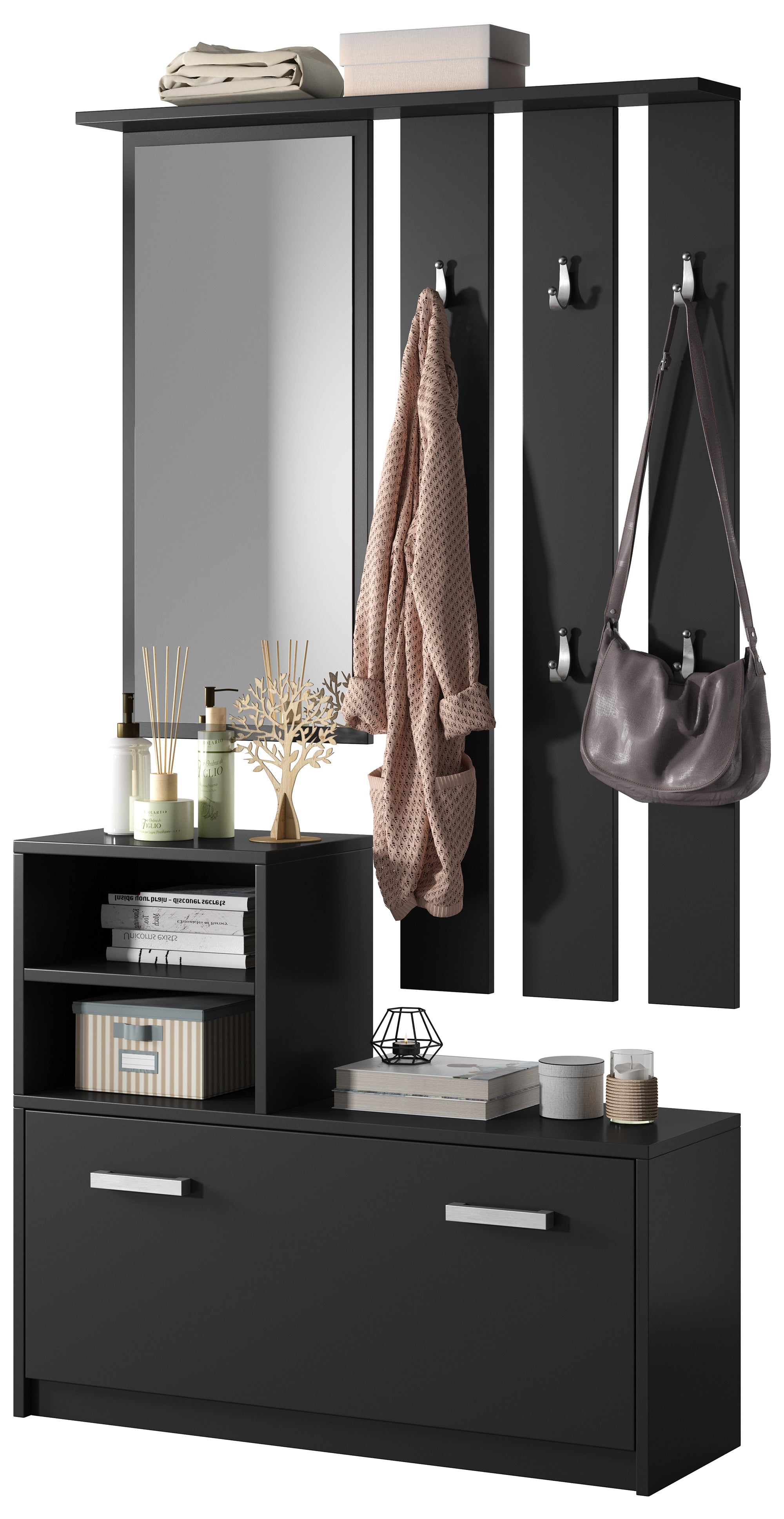 selsey-yesfir-flur-set-mit-spiegel-haken-regalen-und-schuhschrank-schwarz image 5