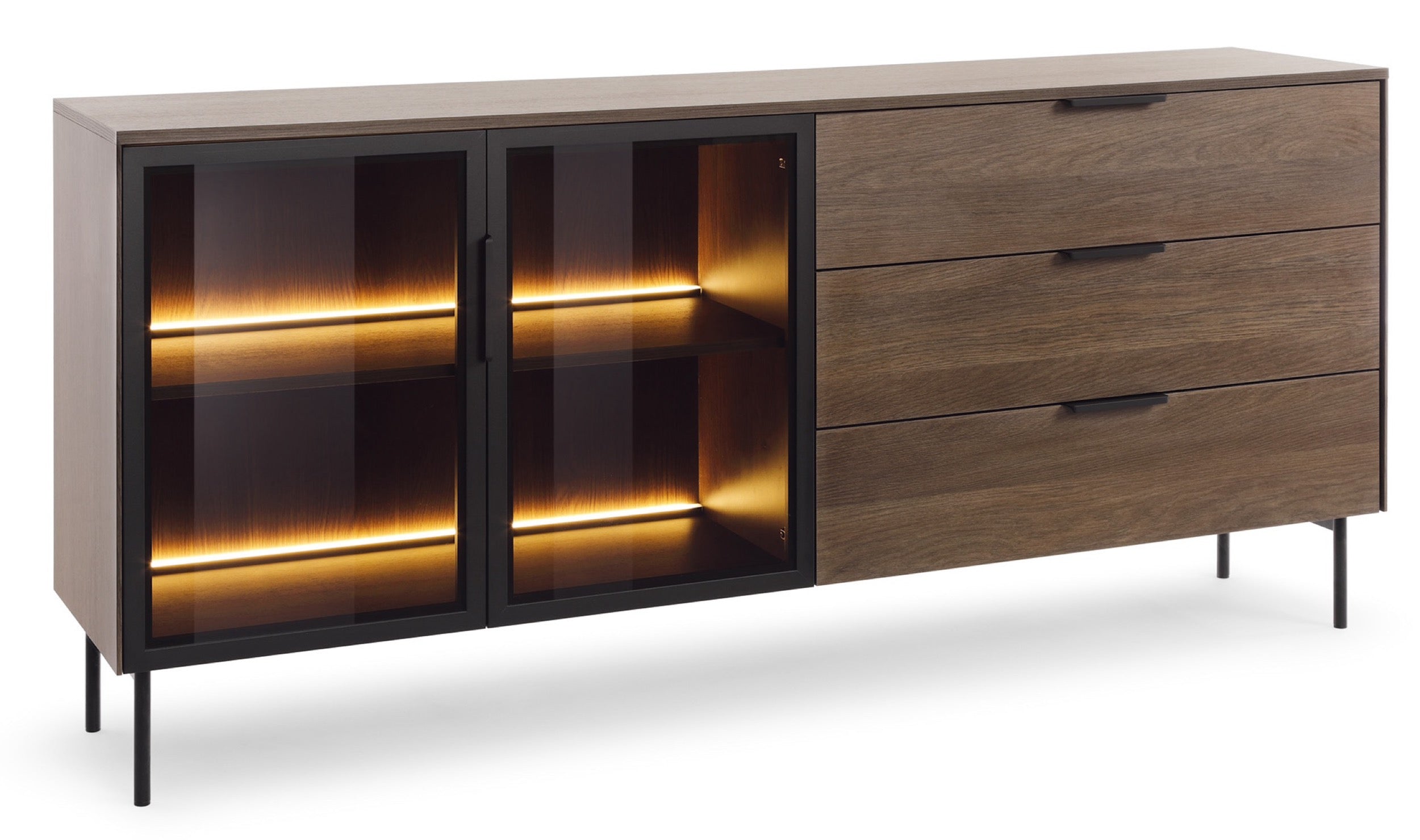 selsey-lumi-zweit-rige-vitrine-mit-3-schubladen-und-beleuchtung-181-cm-eiche-dun image 1