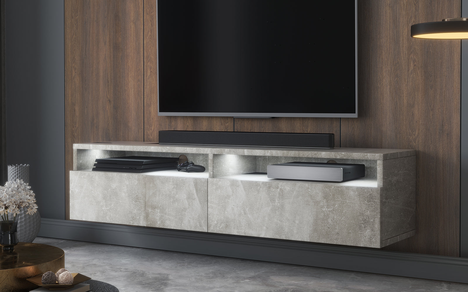 selsey-rednaw-tv-schrank-140-cm-beton-mit-beleuchtung-und-zwei-schubladen image 2