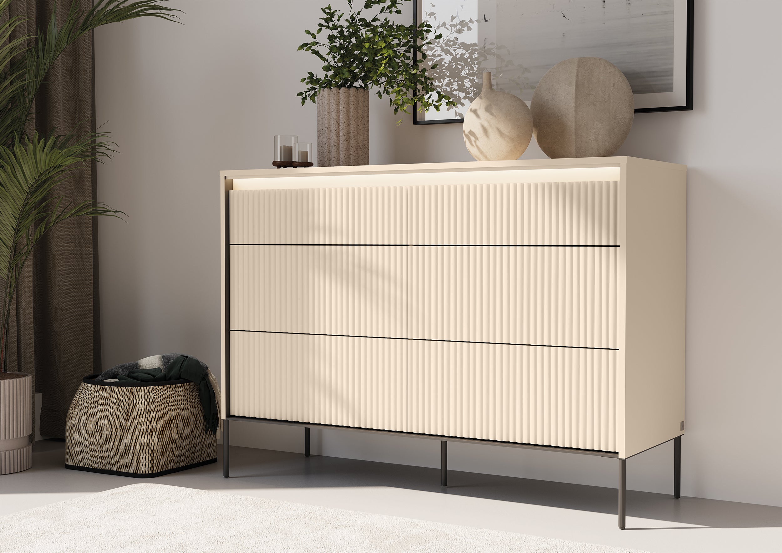 selsey-trend-kommode-130-cm-mit-6-schubladen-und-beleuchtung-sandbeige-schwarz-r image 2