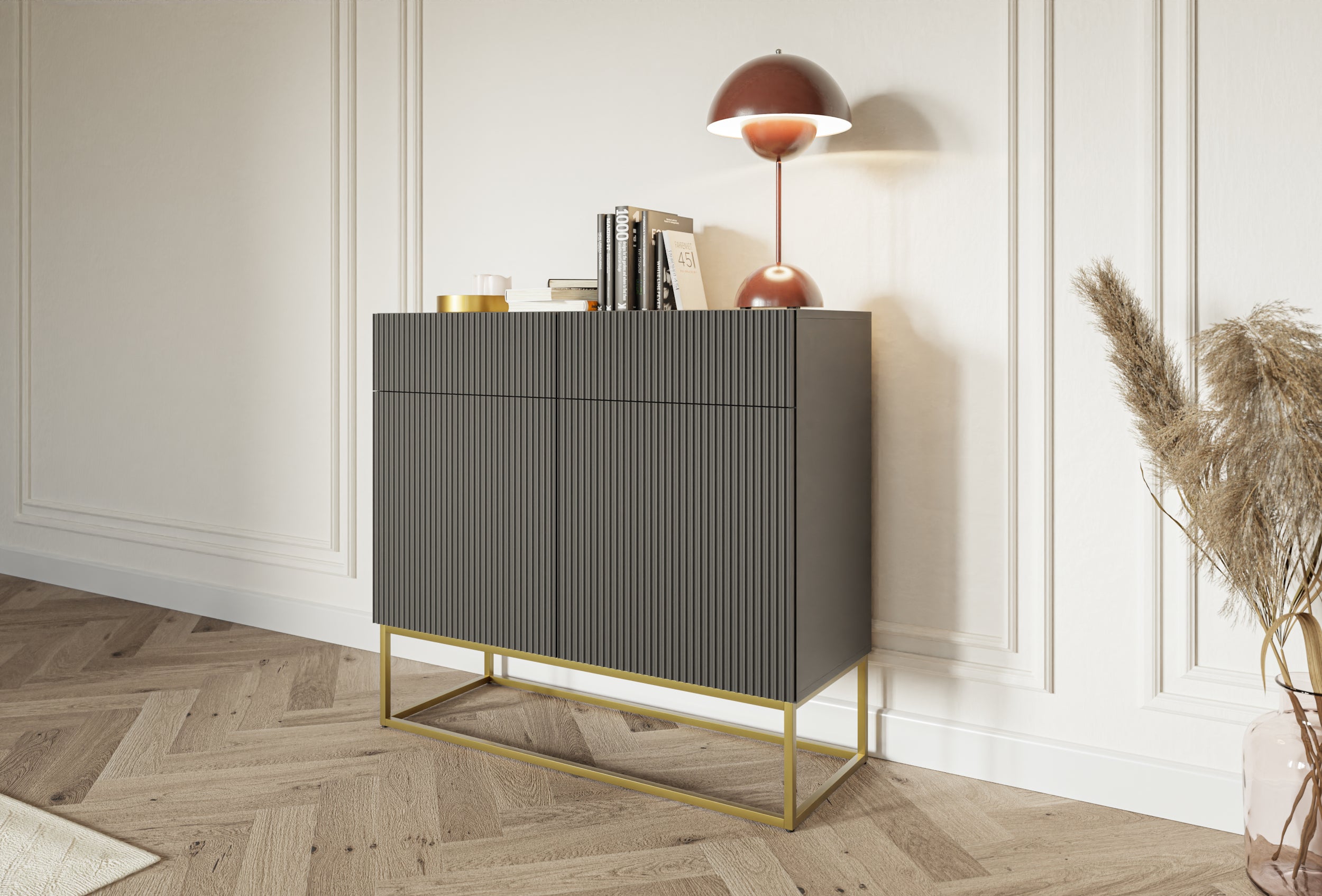 selsey-veldio-kommode-100-cm-schwarz-2-schubladen-gefr-ste-front-goldene-beine image 2