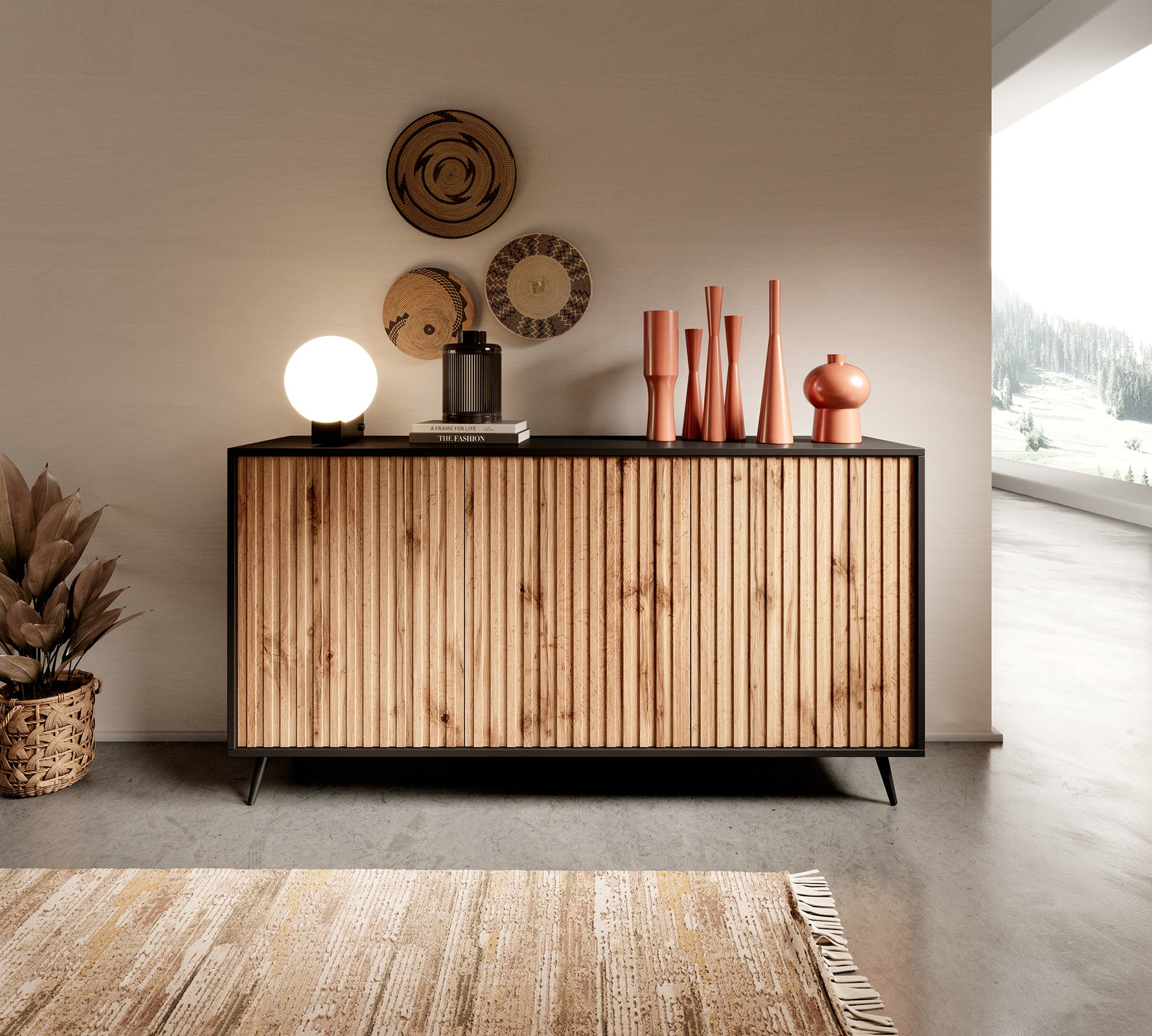 selsey-bello-kommode-154-cm-mit-lamellenfront-schwarz-wotan-eiche image 2