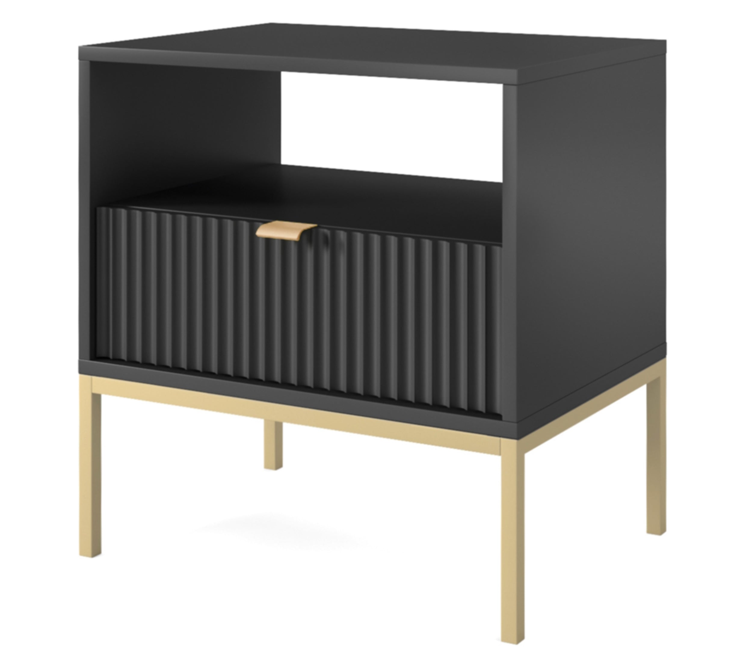 selsey-vellore-nachttisch-54-cm-schwarz-mit-geriffelter-front-und-goldenem-geste image 1