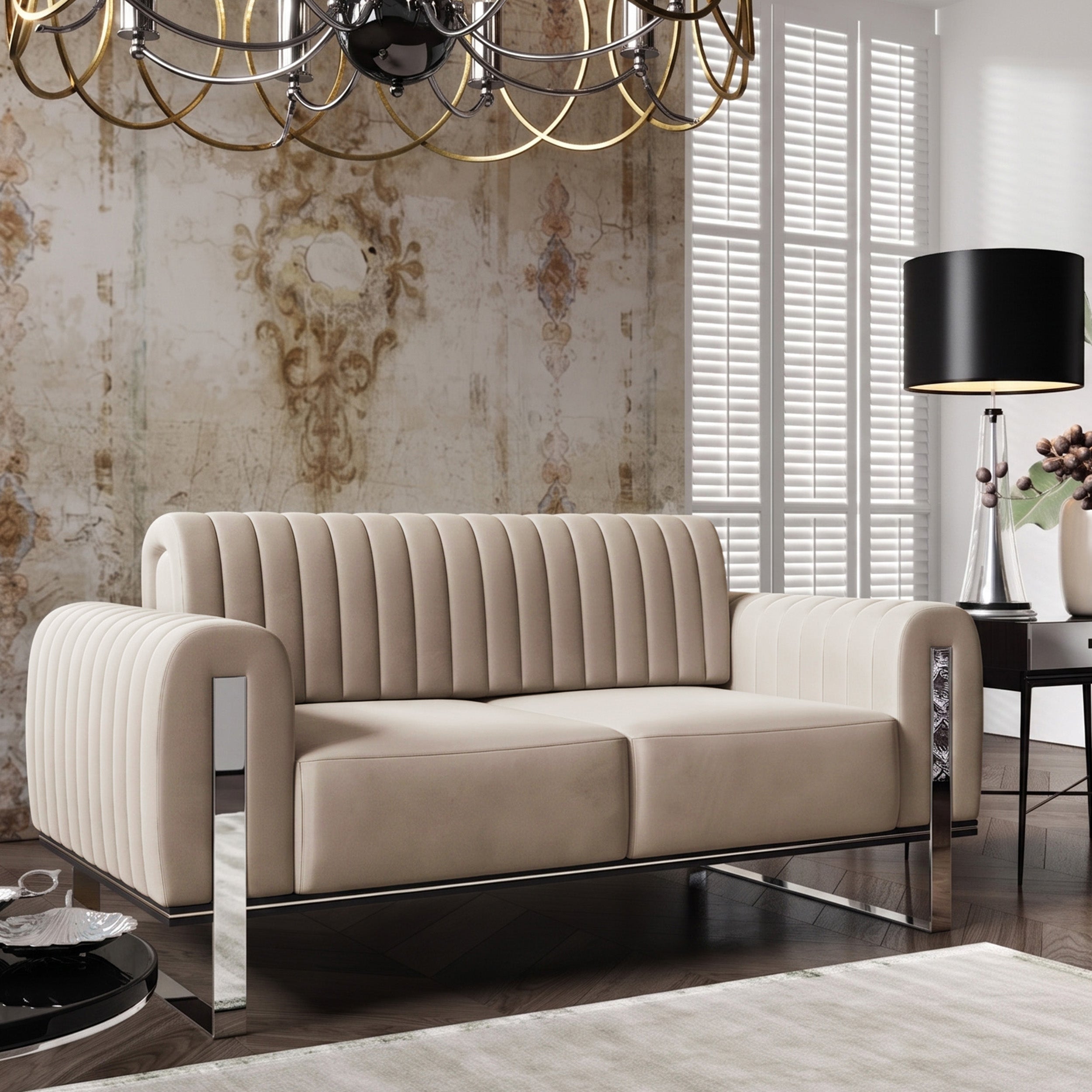 selsey-parissa-zweisitziges-sofa-hellbeiger-samt-mit-chromf-en image 2