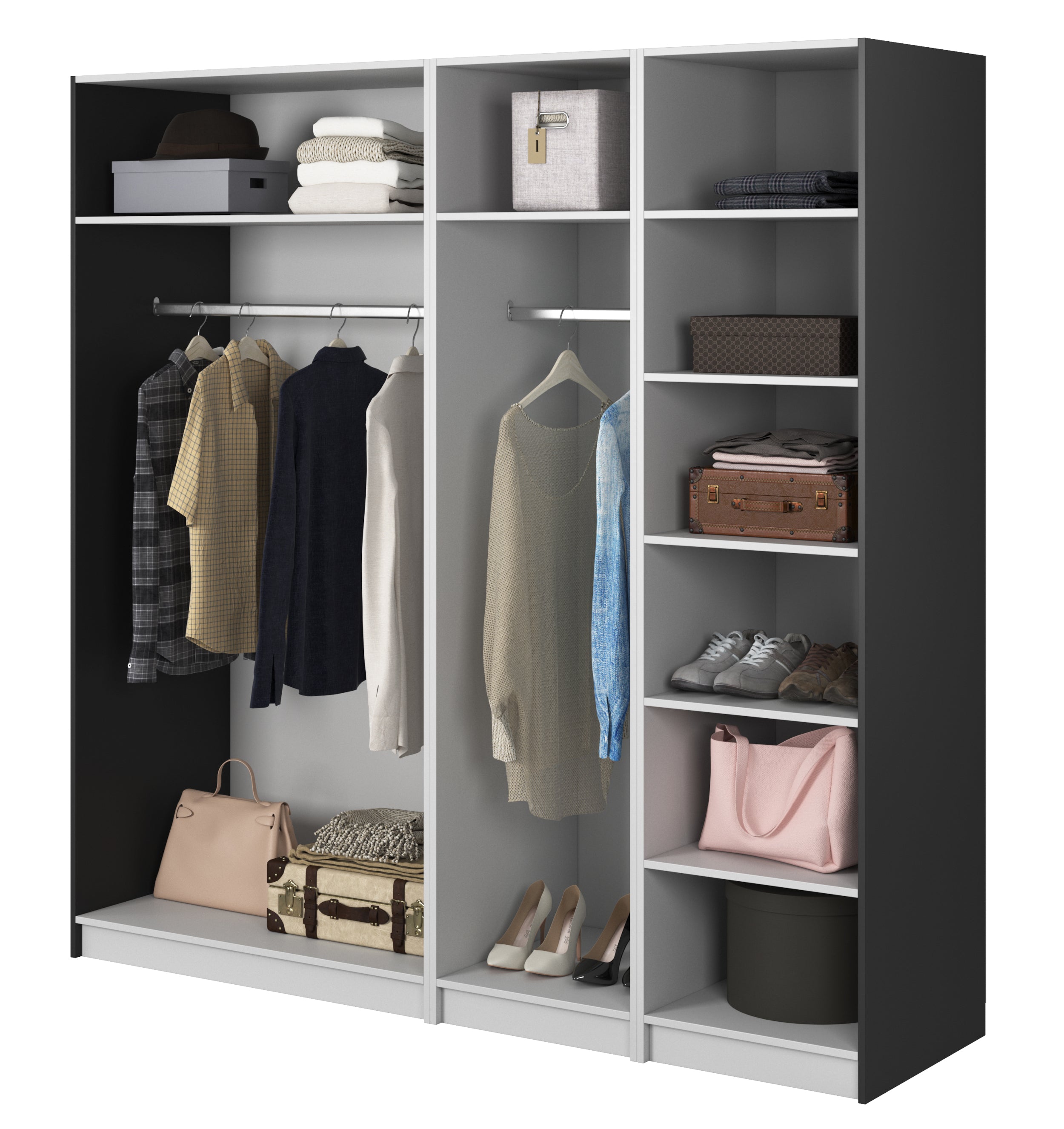 selsey-frame-viert-riger-kleiderschrank-200-cm-schwarz-mit-stangen-und-regalen image 3