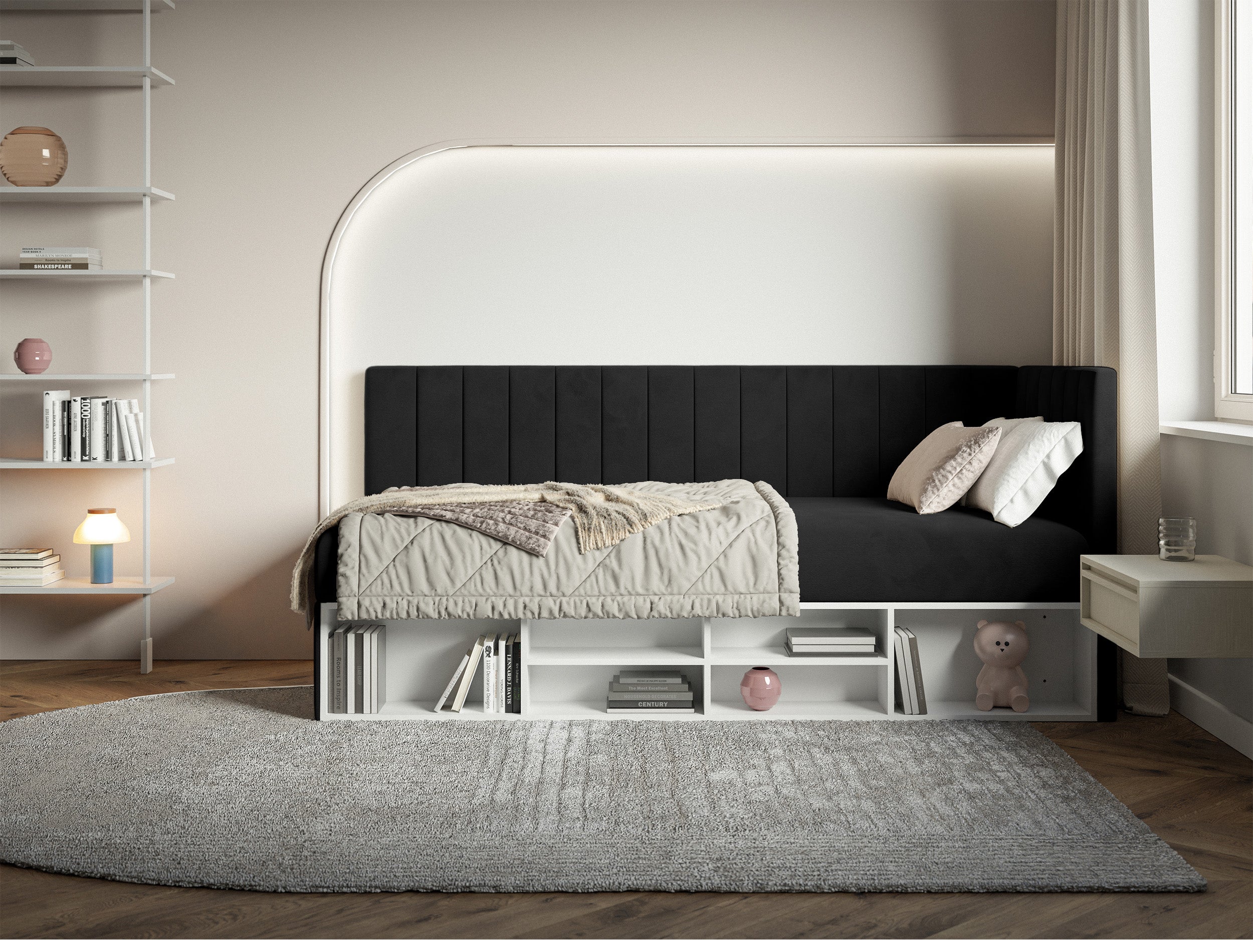 selsey-ventrio-jugendbett-90x200-cm-rechtsseitig-schwarz-velours-mit-stauraum image 2
