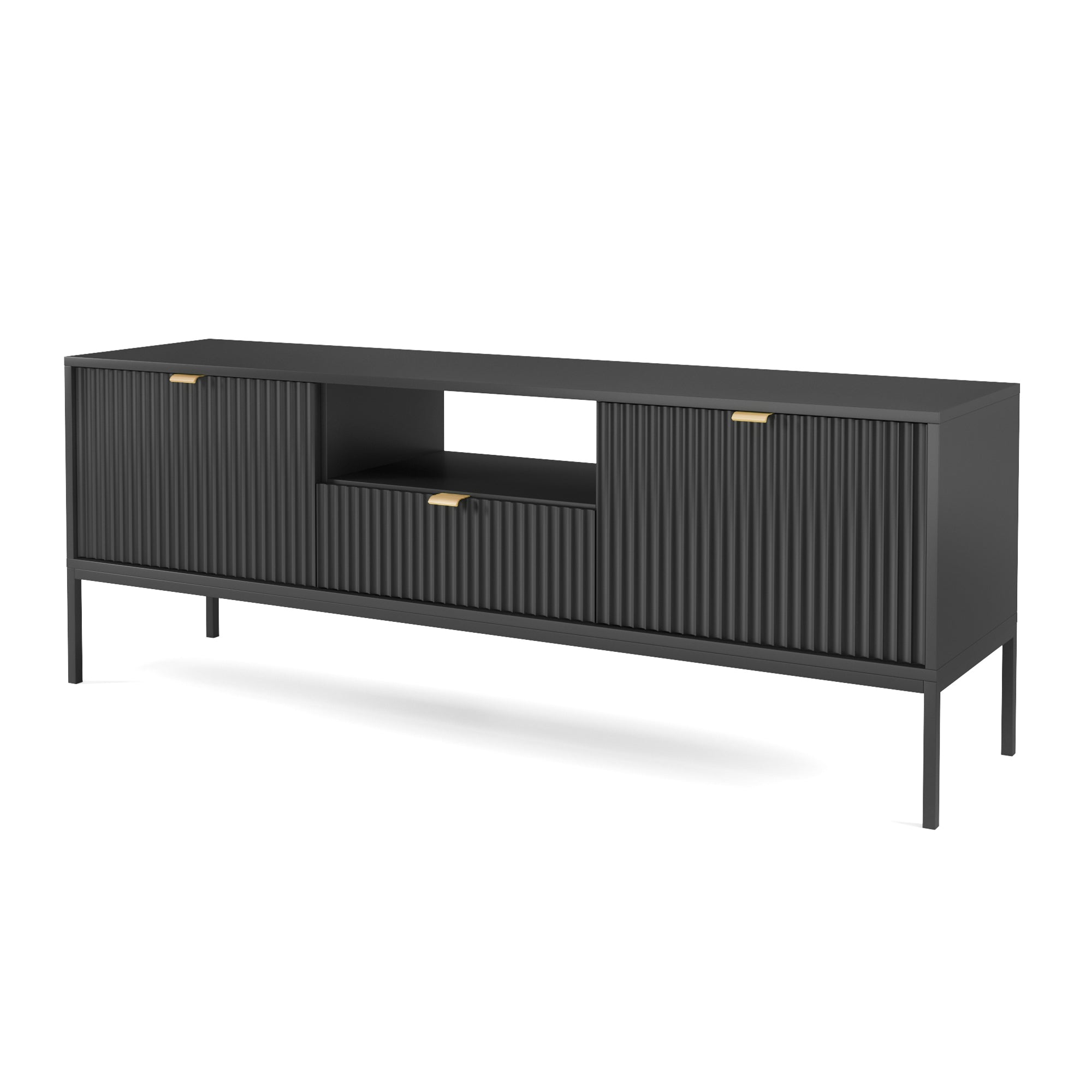 selsey-vellore-tv-schrank-154-cm-schwarz-mit-gerillten-fronten-und-goldenen-grif image 1