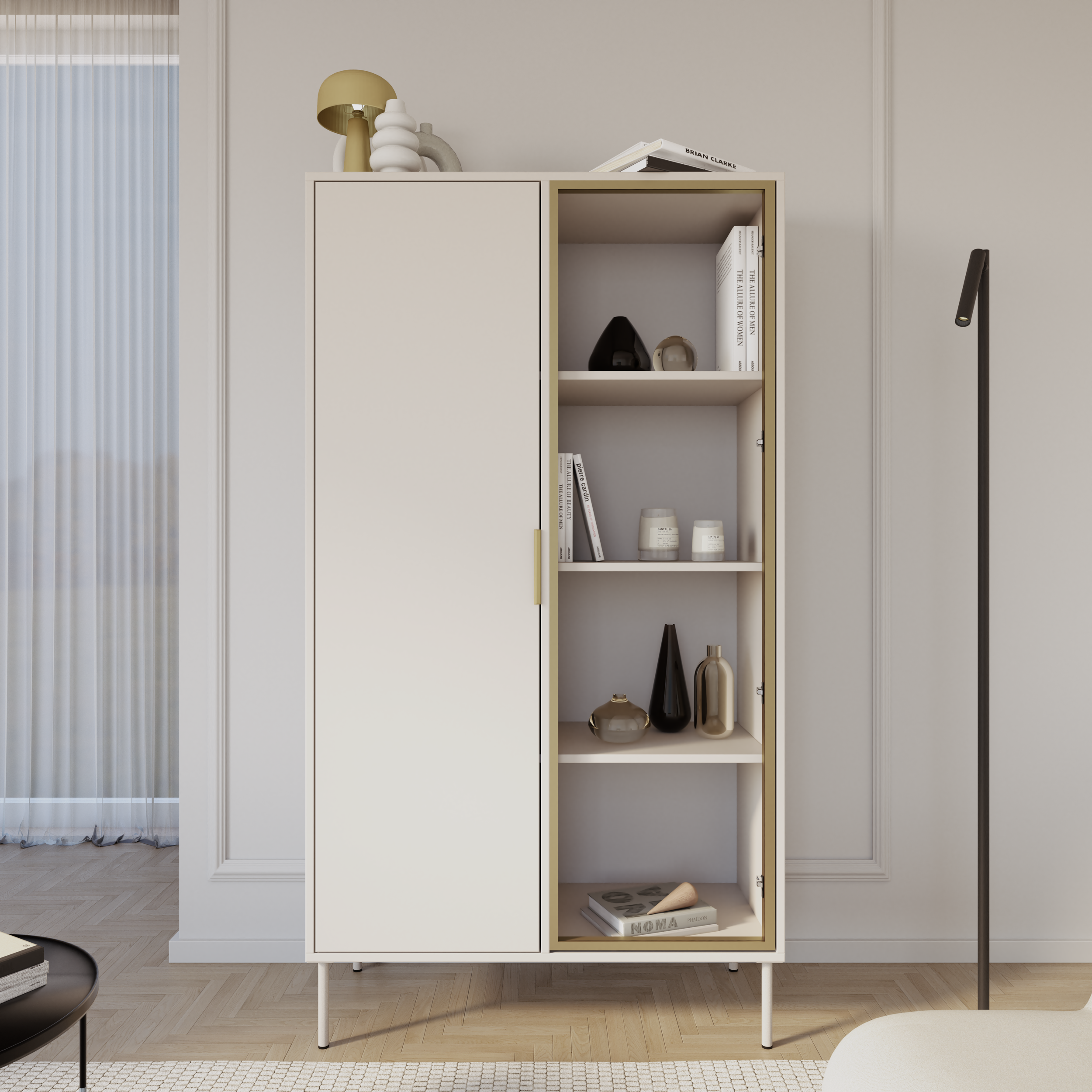 selsey-vena-zweifl-geliger-vitrinenschrank-90-cm-mit-kaschmirfarbener-glasfront image 2