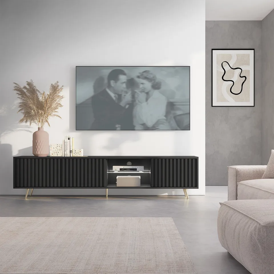 selsey-bello-tv-schrank-175-cm-mit-lamellenfronten-schwarz-mit-led-und-goldenen- image 1