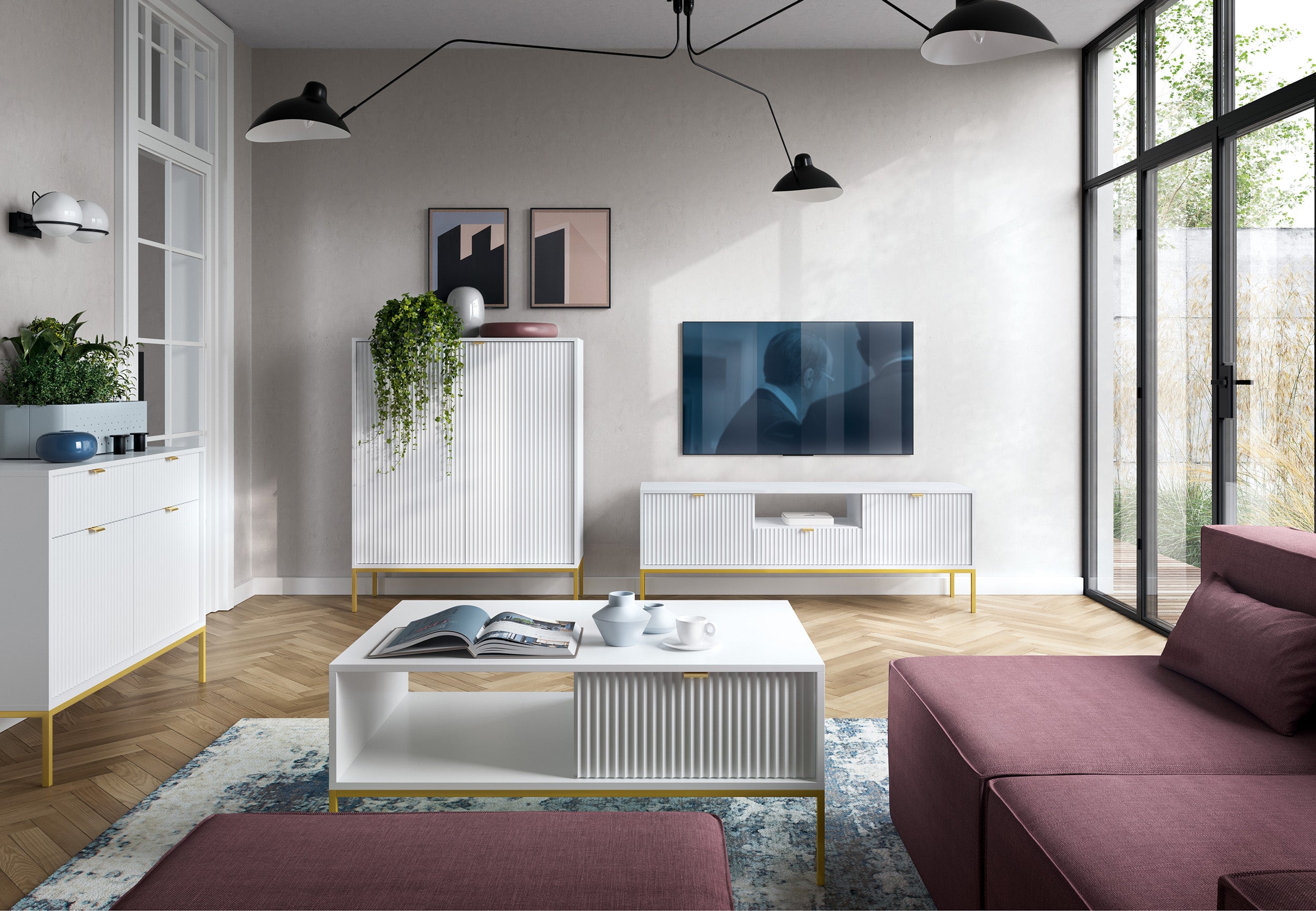selsey-vellore-tv-schrank-154-cm-wei-mit-gerillten-fronten-und-goldenem-gestell image 5