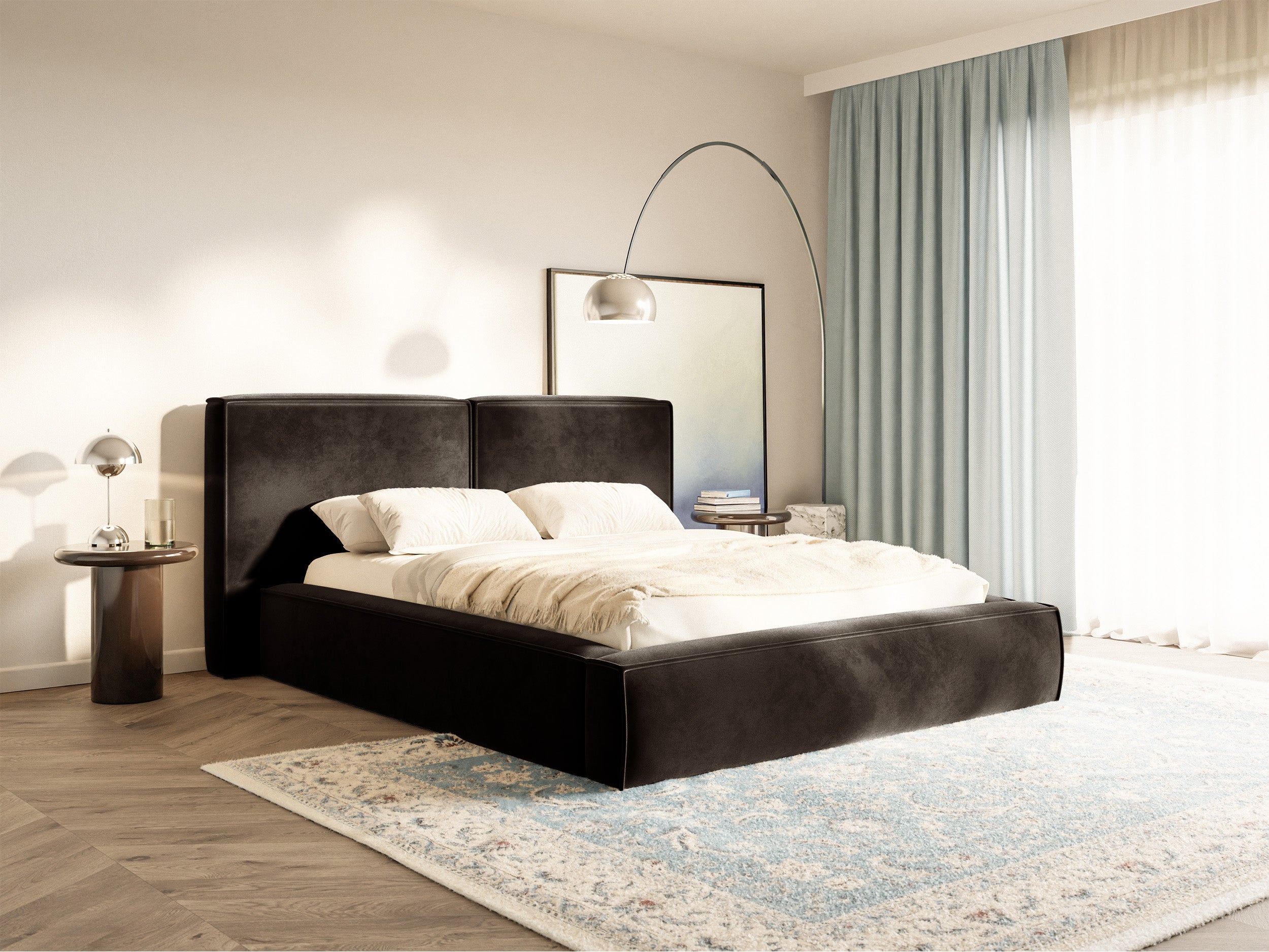 selsey-tilves-gepolstertes-bett-200x200-cm-mit-stauraum-brauner-samt-metallrahme image 2