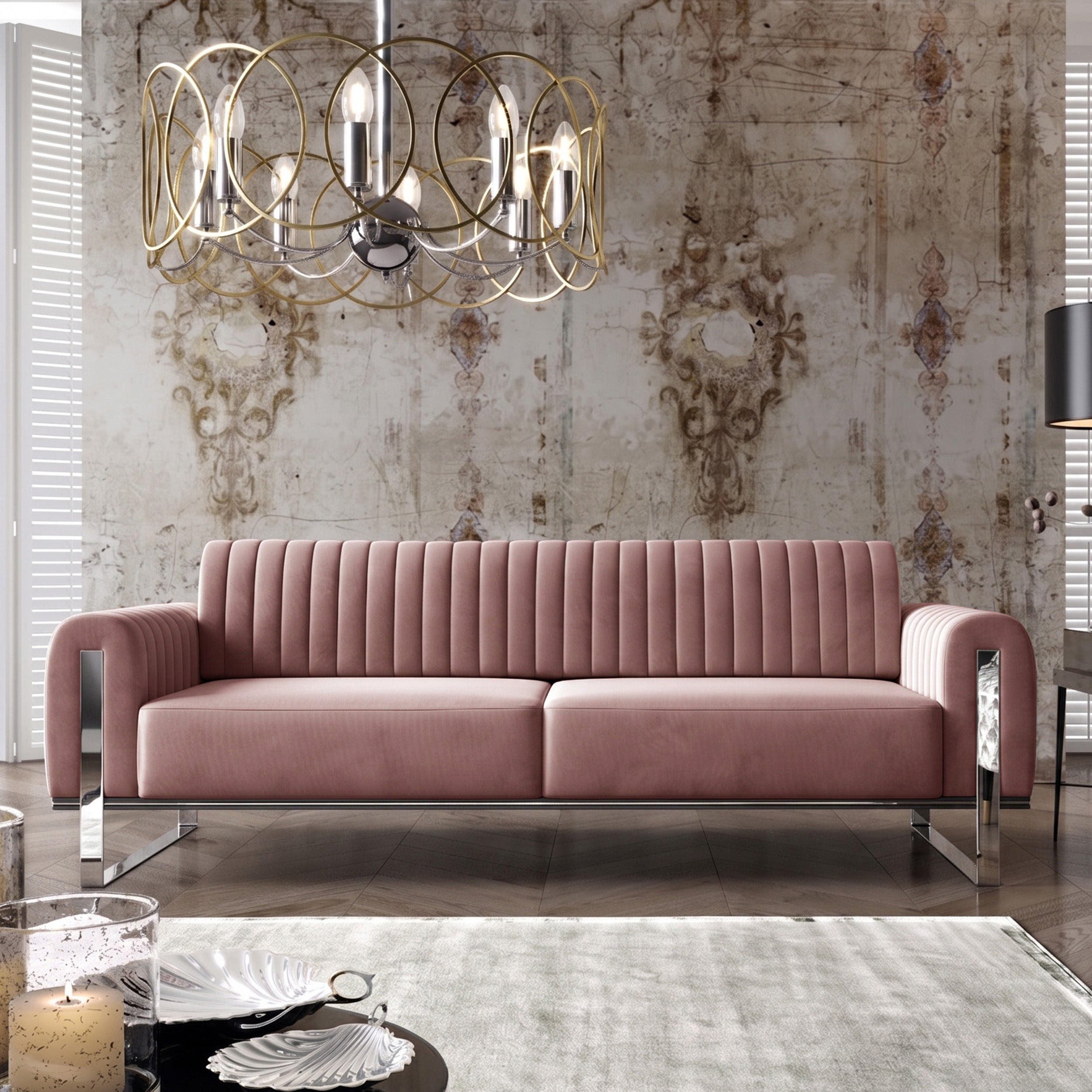 selsey-parissa-dreier-sofa-3-sitzer-rosa-samt-mit-chrom-beinen image 2