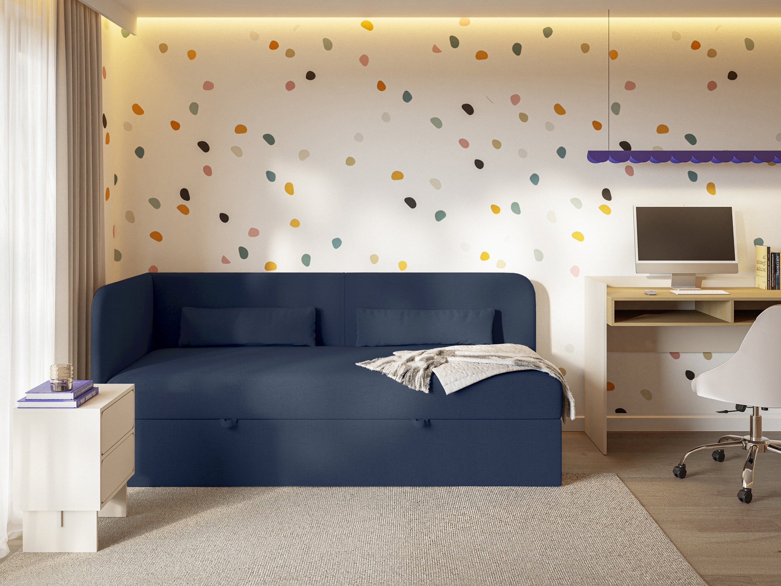 selsey-calmmo-jugendbett-90x200-cm-linksseitig-marineblau-chenille-mit-stauraum image 2