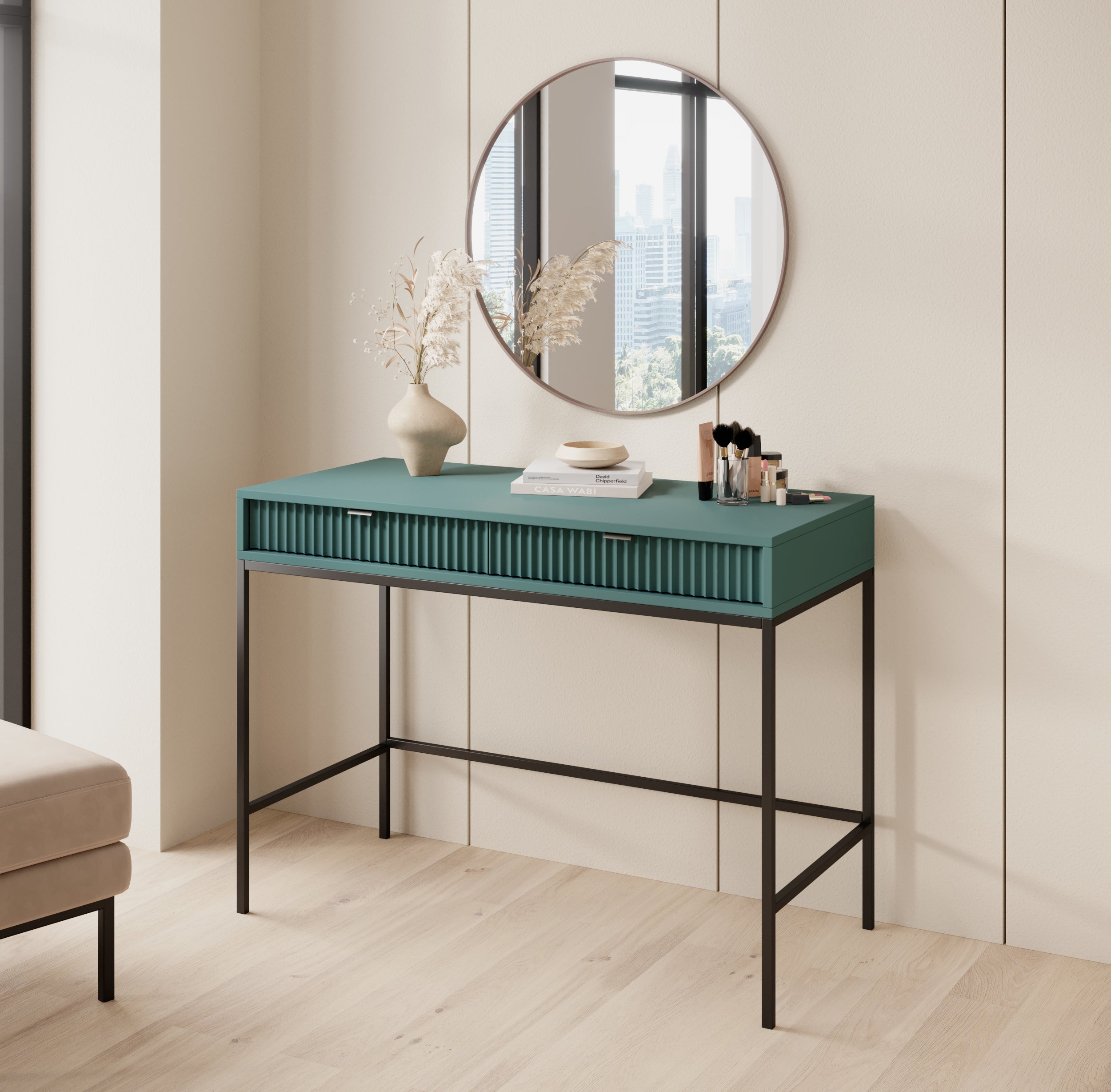 selsey-vellore-schminktisch-schreibtisch-104-cm-gr-n-geriffelte-fronten-schwarze image 2