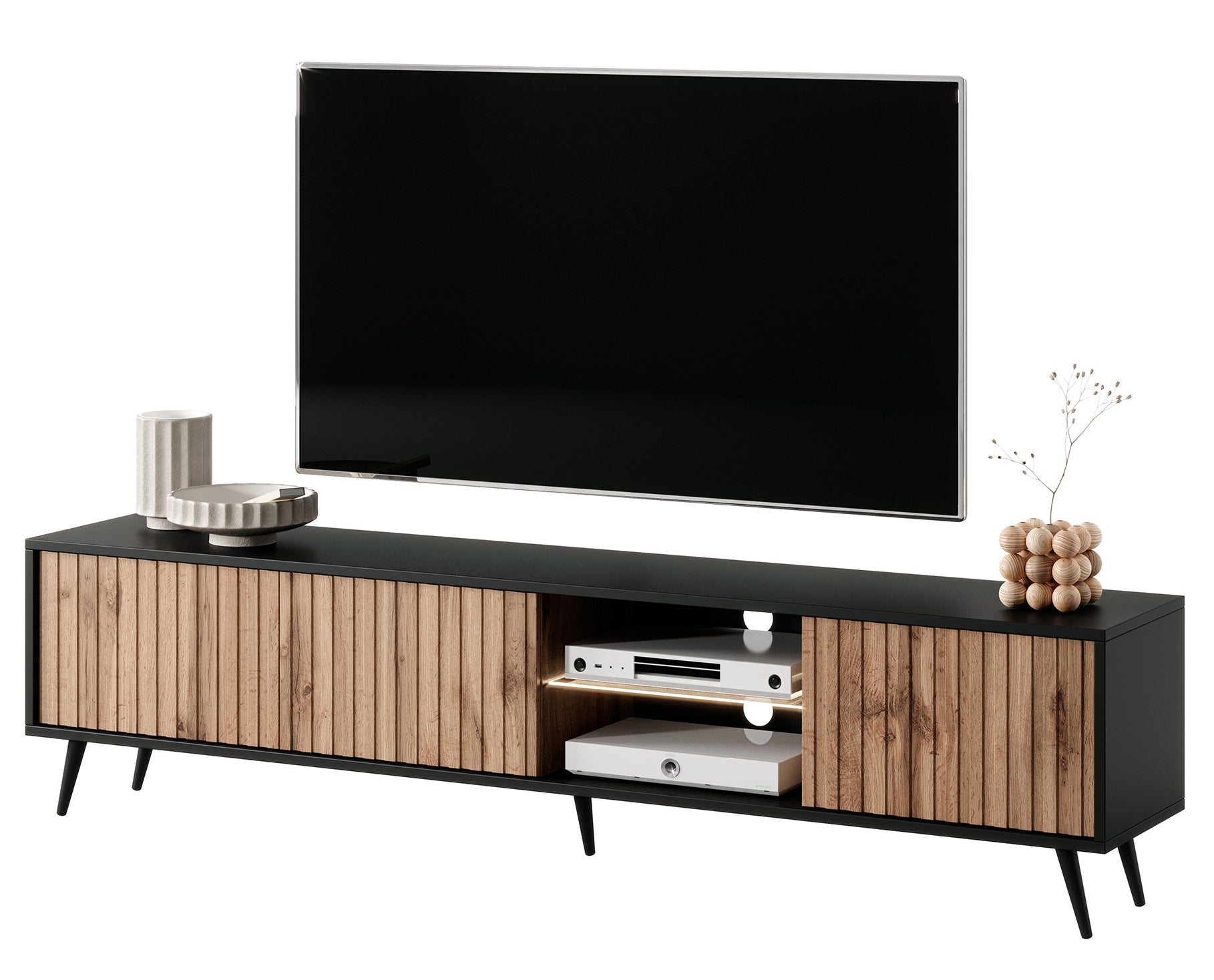 selsey-bello-tv-schrank-175-cm-schwarz-wotan-eiche-mit-lamellenfront-und-led image 1