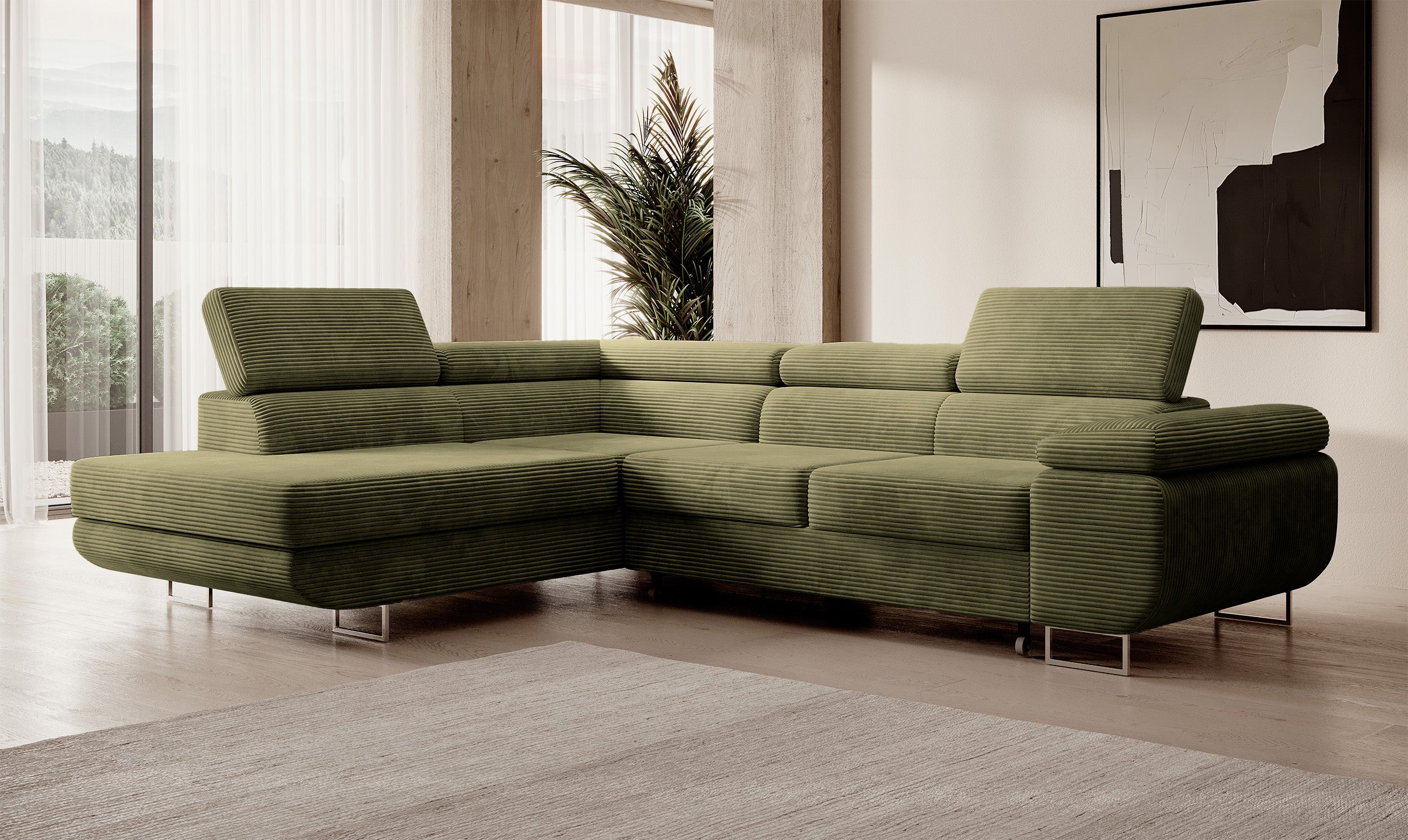 selsey-stevil-ecksofa-l-links-mit-schlaffunktion-und-stauraum-olivgr-ner-cord image 2
