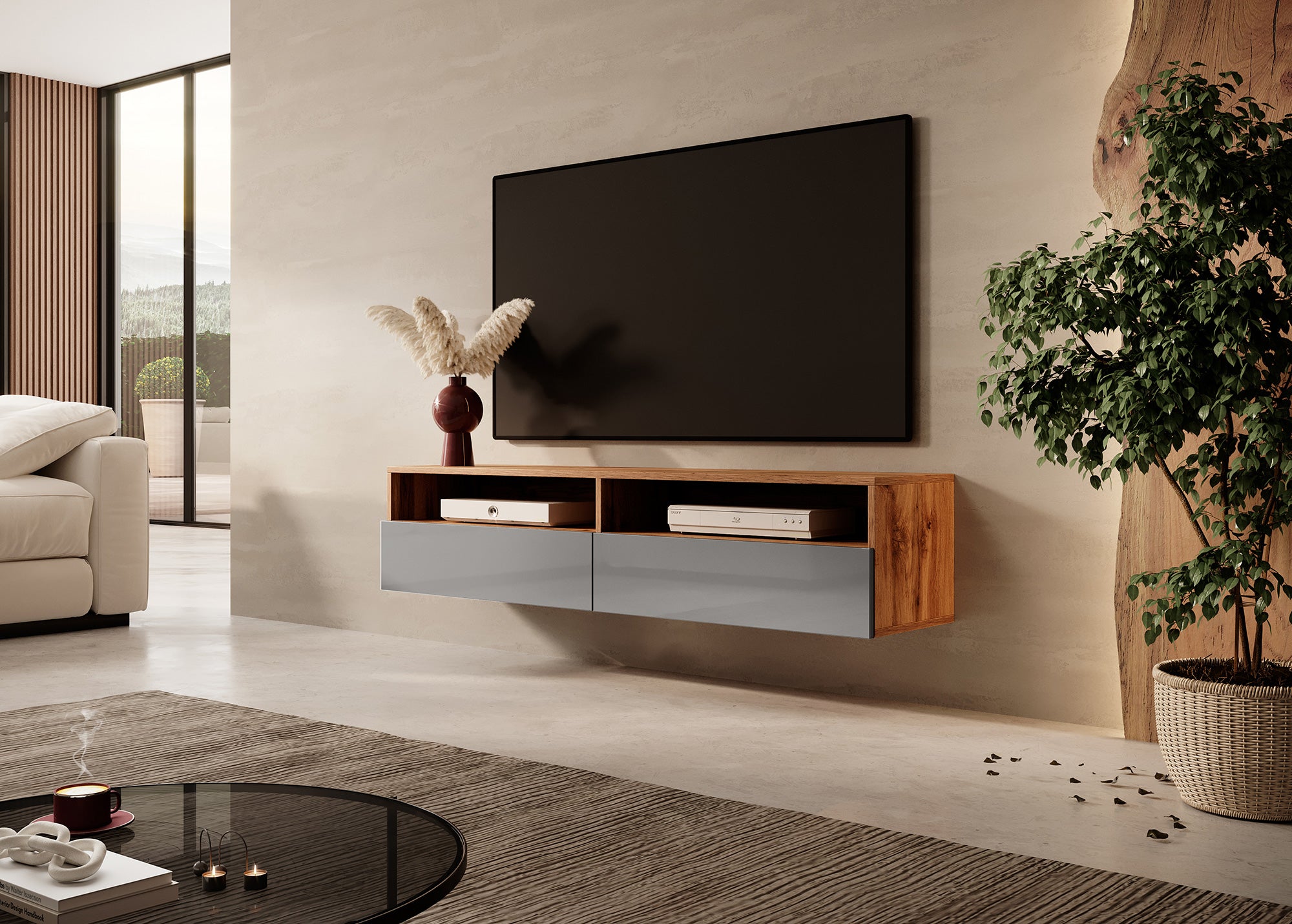 selsey-rednaw-tv-schrank-140-cm-mit-zwei-schubladen-wotan-eiche-grauer-hochglanz image 3