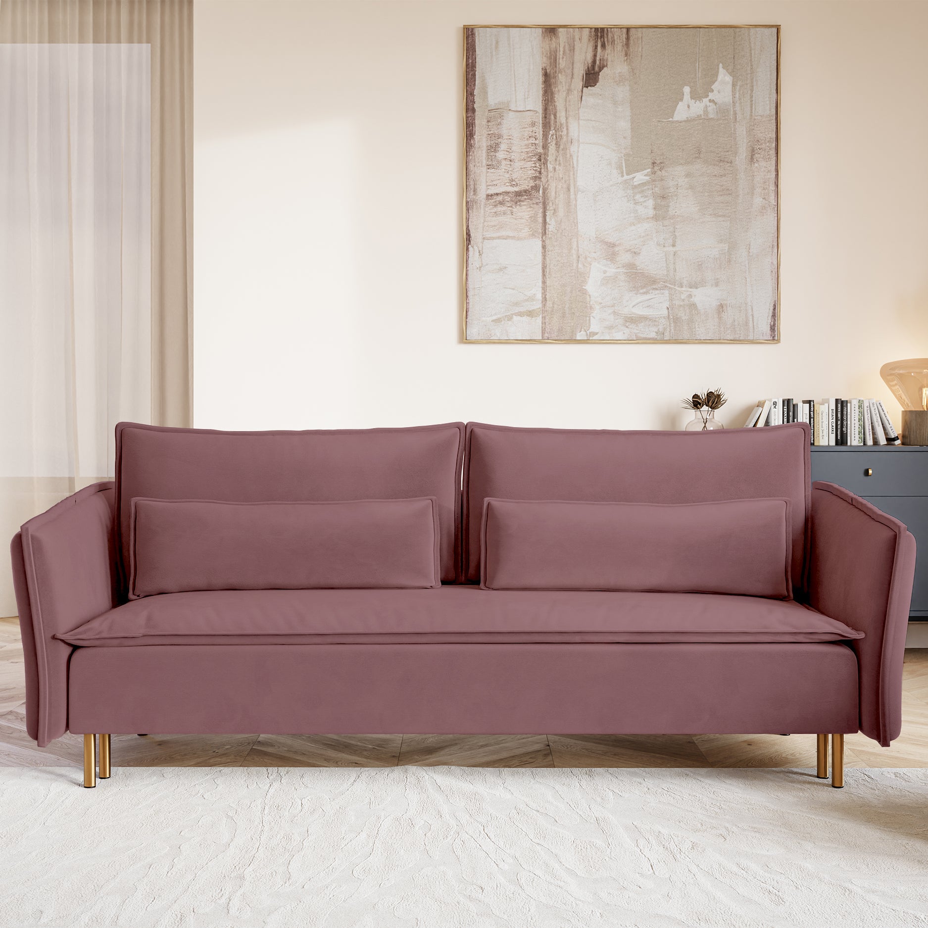 selsey-ummo-dreisitziges-schlafsofa-mit-stauraum-rosa-velours-goldbeine image 2