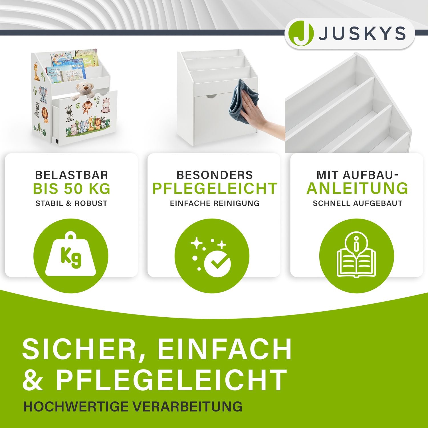 juskys-kinder-b-cherregal-mit-3-f-chern-und-herausziehbarer-spielzeugkiste image 2