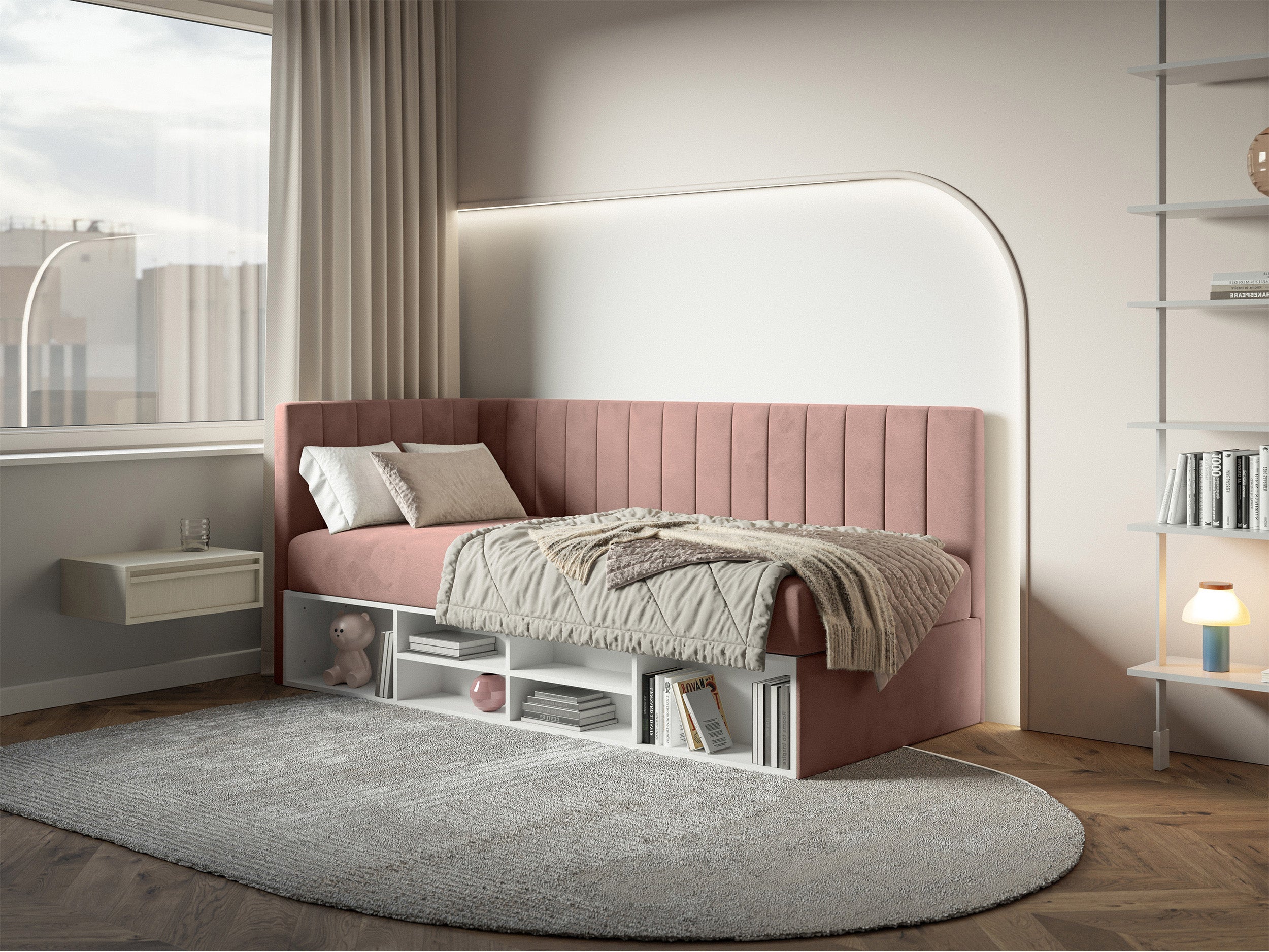 selsey-ventrio-jugendbett-90x200-cm-links-hellrosa-velours-mit-stauraum image 3