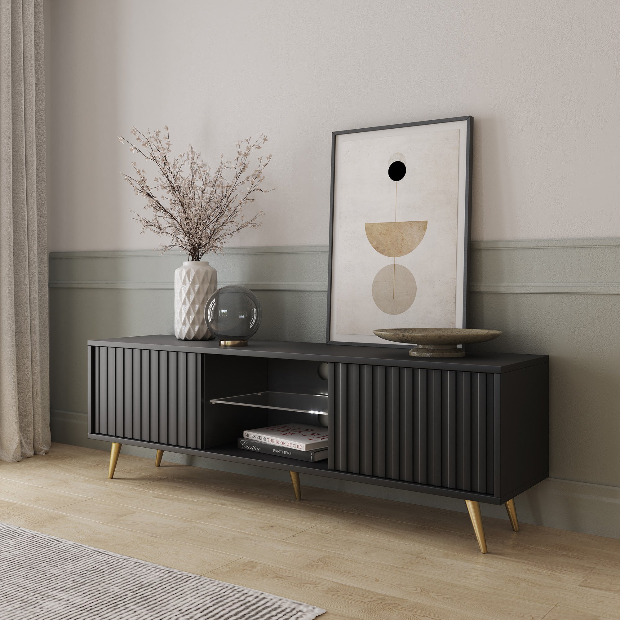 selsey-bello-tv-schrank-135-cm-schwarz-mit-lamellenfronten-und-goldenen-beinen image 3