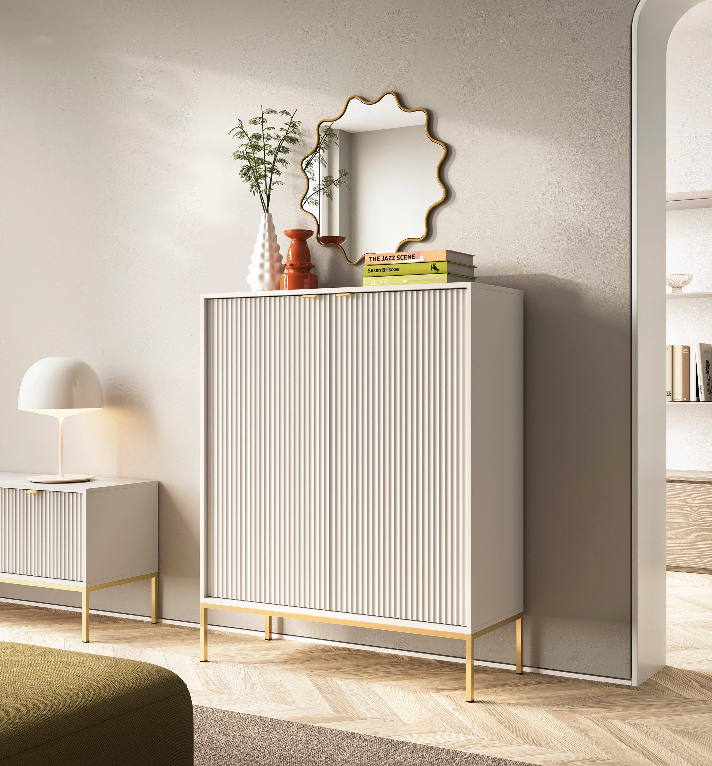 selsey-vellore-hohe-kommode-kaschmir-mit-rillenfronten-und-goldenem-gestell image 2