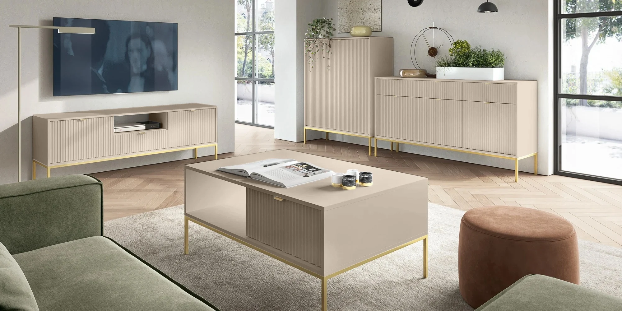 selsey-hohe-kommode-vellore-beige-mit-rillenfronten-und-goldenem-gestell image 4