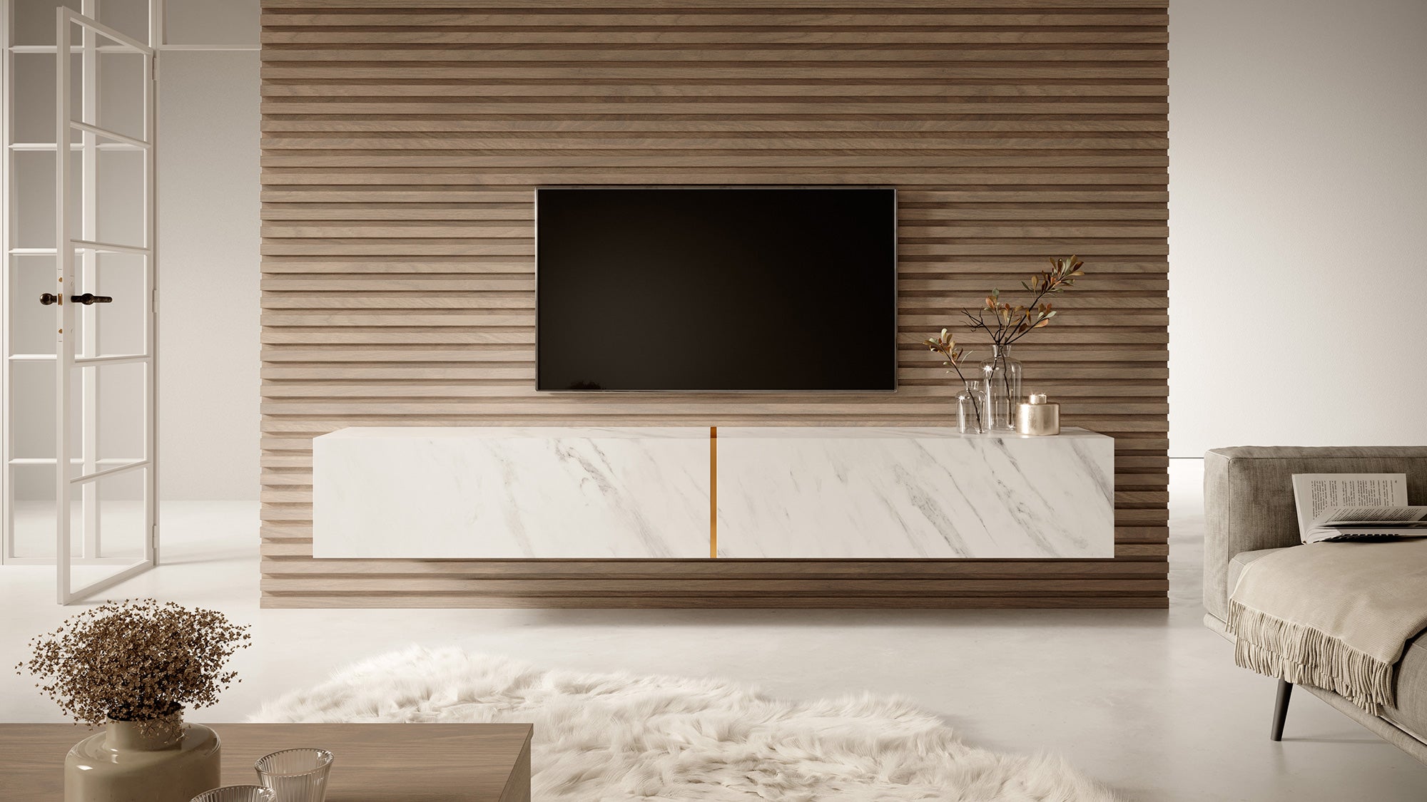selsey-bisira-tv-schrank-200-cm-wei-er-marmor-mit-goldenem-einsatz image 2