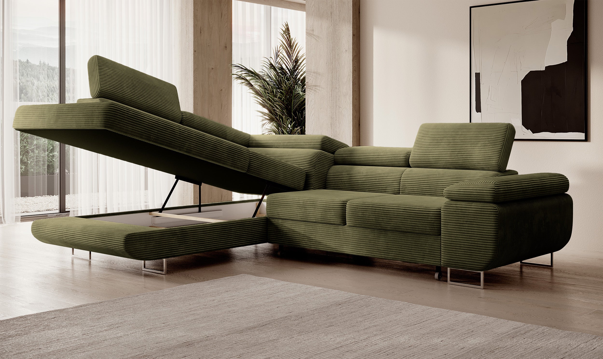 selsey-stevil-ecksofa-l-links-mit-schlaffunktion-und-stauraum-olivgr-ner-cord image 8