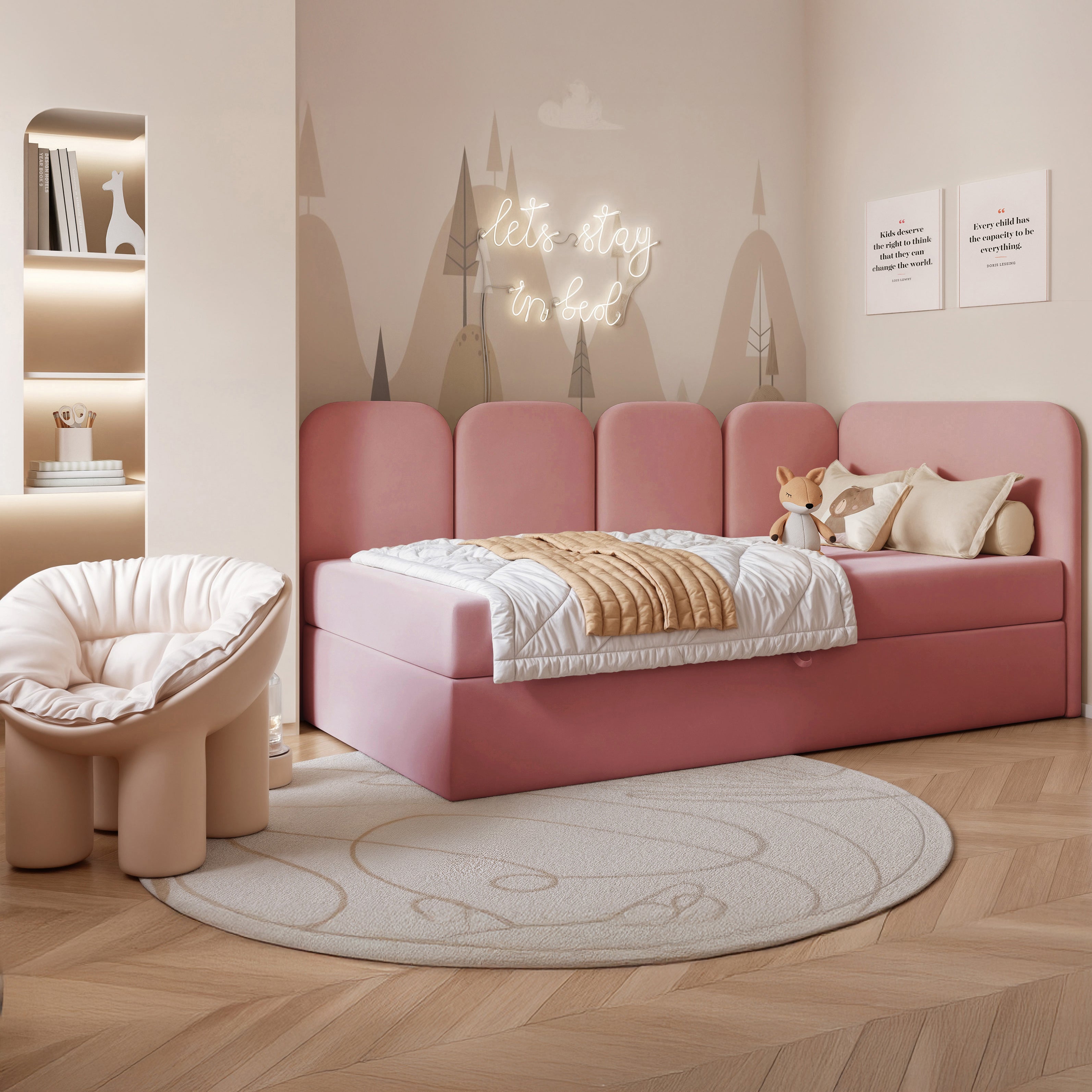 selsey-jugendbett-nubini-90x200-cm-rechtsseitig-mit-stauraum-rosa-velours-wasser image 2