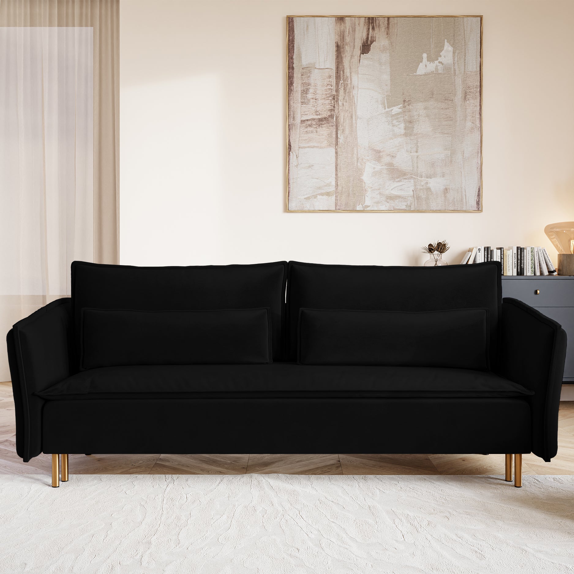 selsey-drei-sitzer-schlafsofa-ummo-mit-stauraum-schwarzer-hydrophober-samt-golde image 2