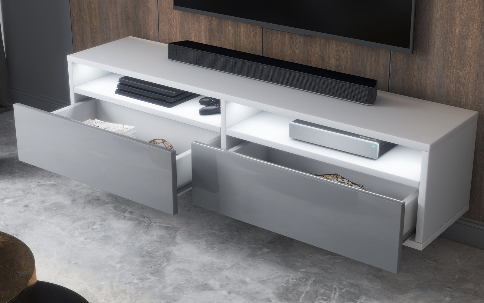 selsey-rednaw-tv-schrank-140-cm-mit-2-schubladen-und-beleuchtung-wei-matt-grau-g image 4