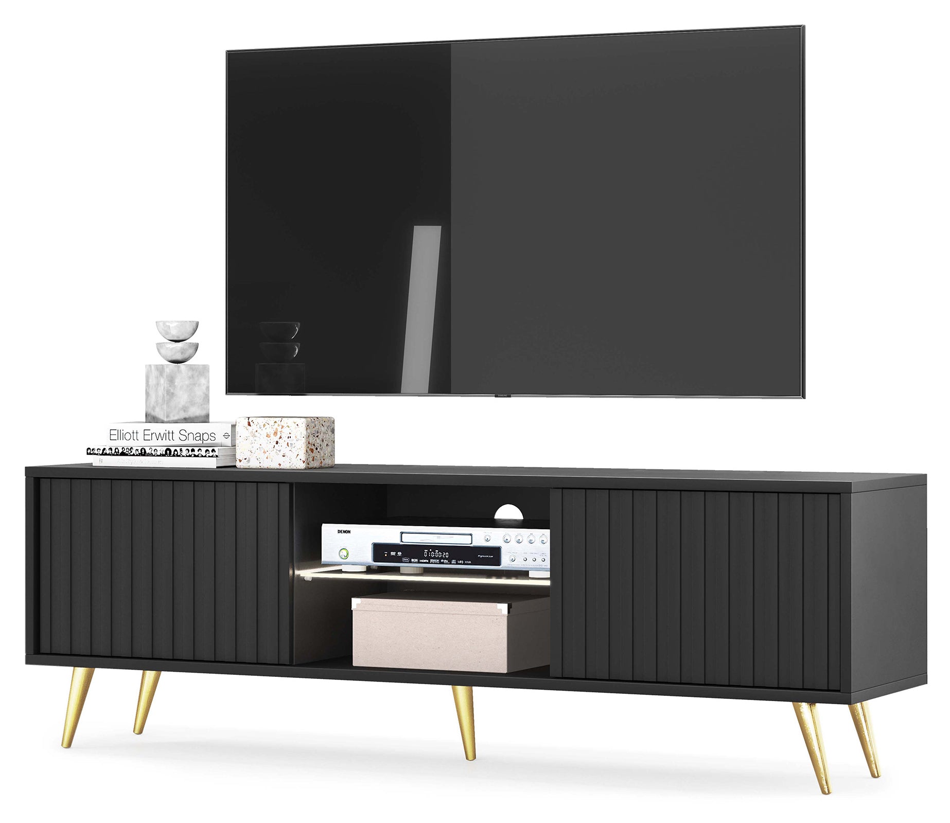 selsey-bello-tv-schrank-135-cm-schwarz-mit-lamellenfronten-und-goldenen-beinen image 1