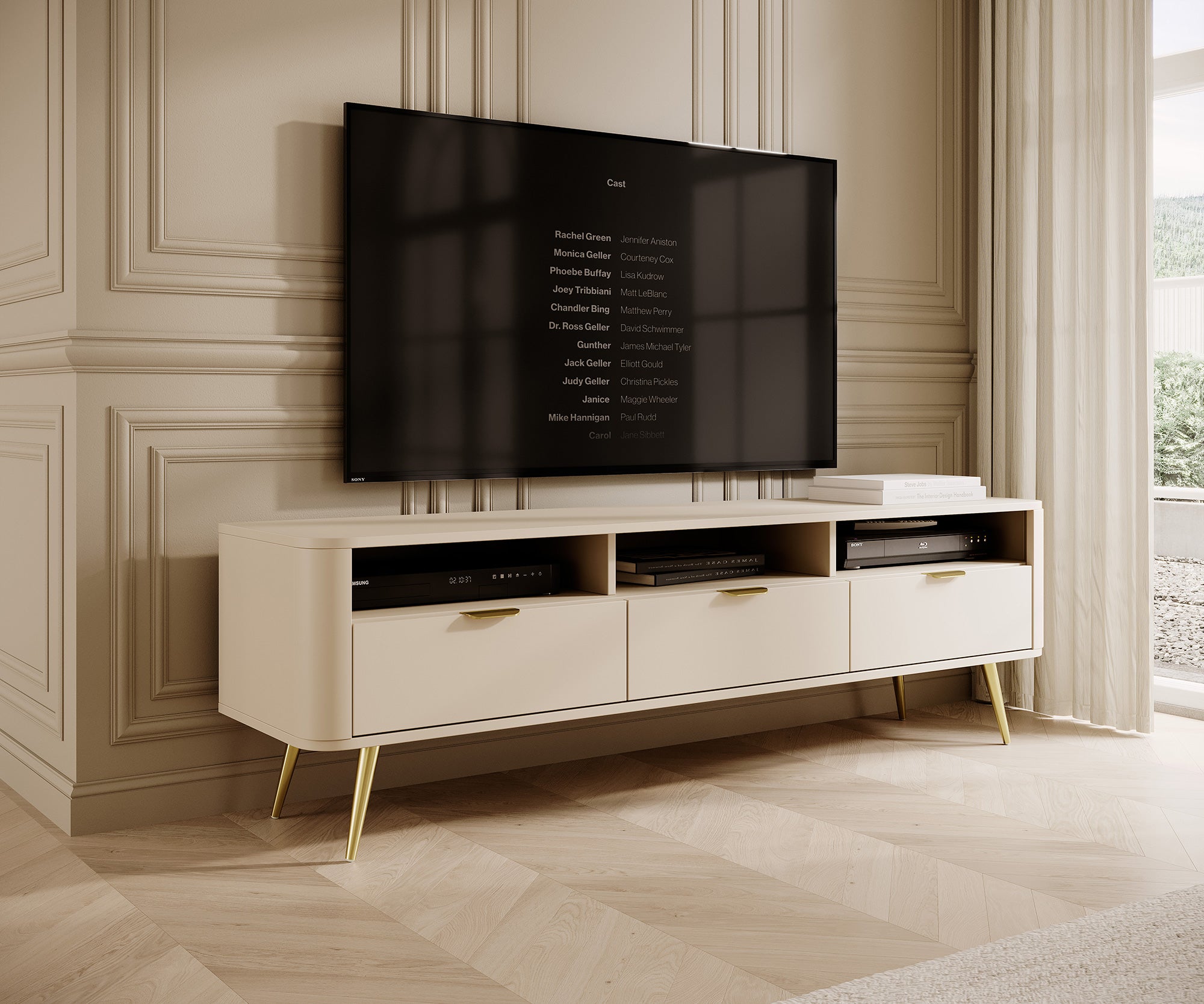 selsey-oval-tv-schrank-160-cm-sandbeige-mit-3-nischen-und-3-schubladen image 2